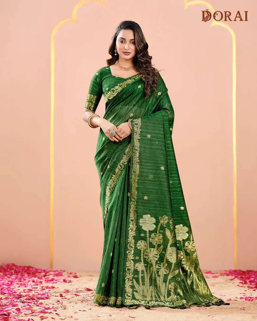 Navy Blue Jute Linen Saree with Floral Motifs