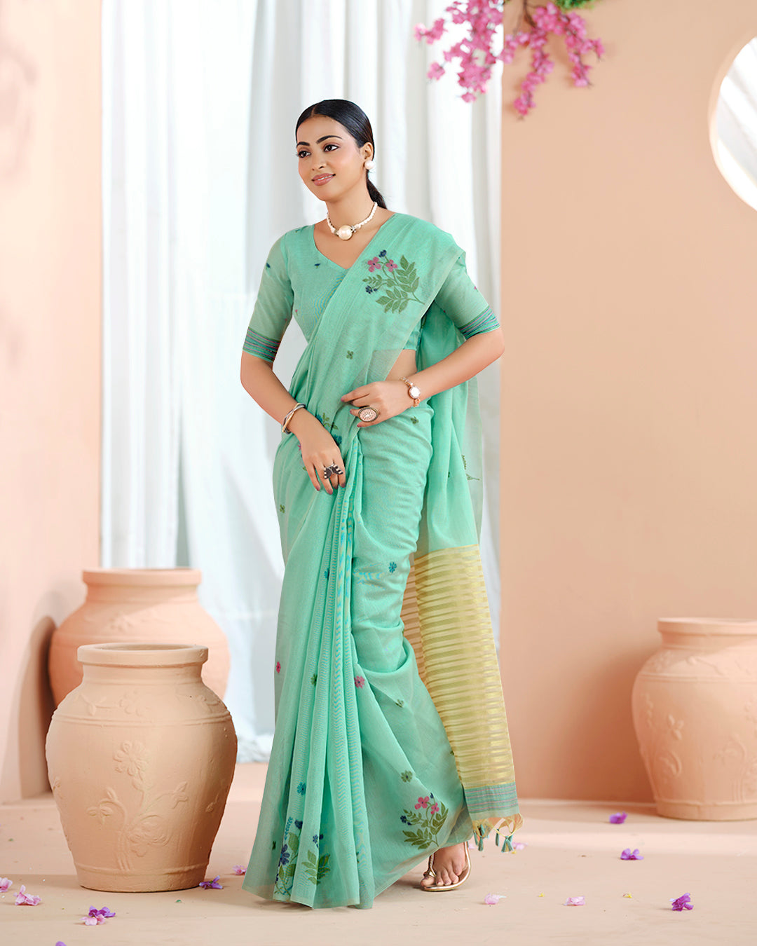 Lime Green Muga Cotton Saree | Printed Floral with Woven Oragana Pallu