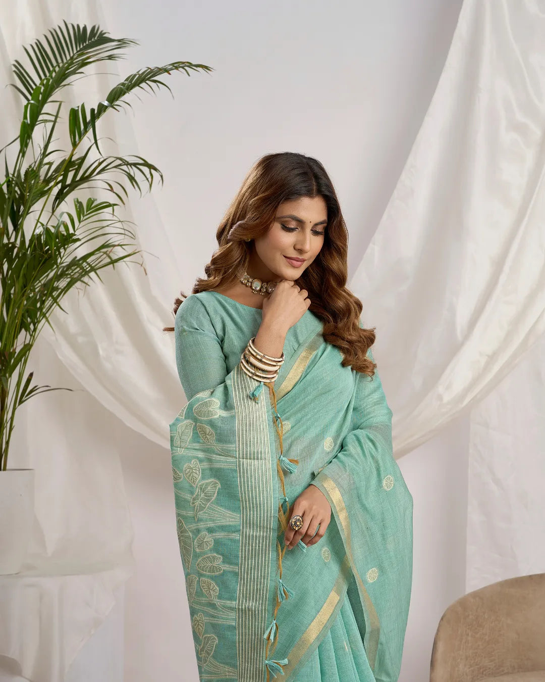 Sky Blue Muga Cotton Jamdani Saree with Jari Border