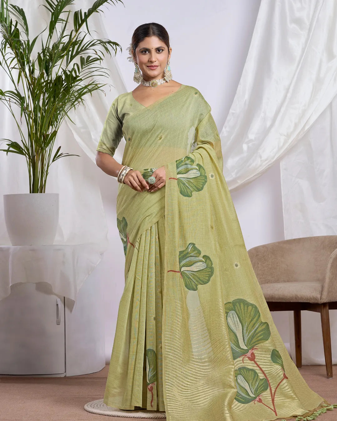 Blush Bloom – Pink Muga Cotton Saree with Botanical Artistry