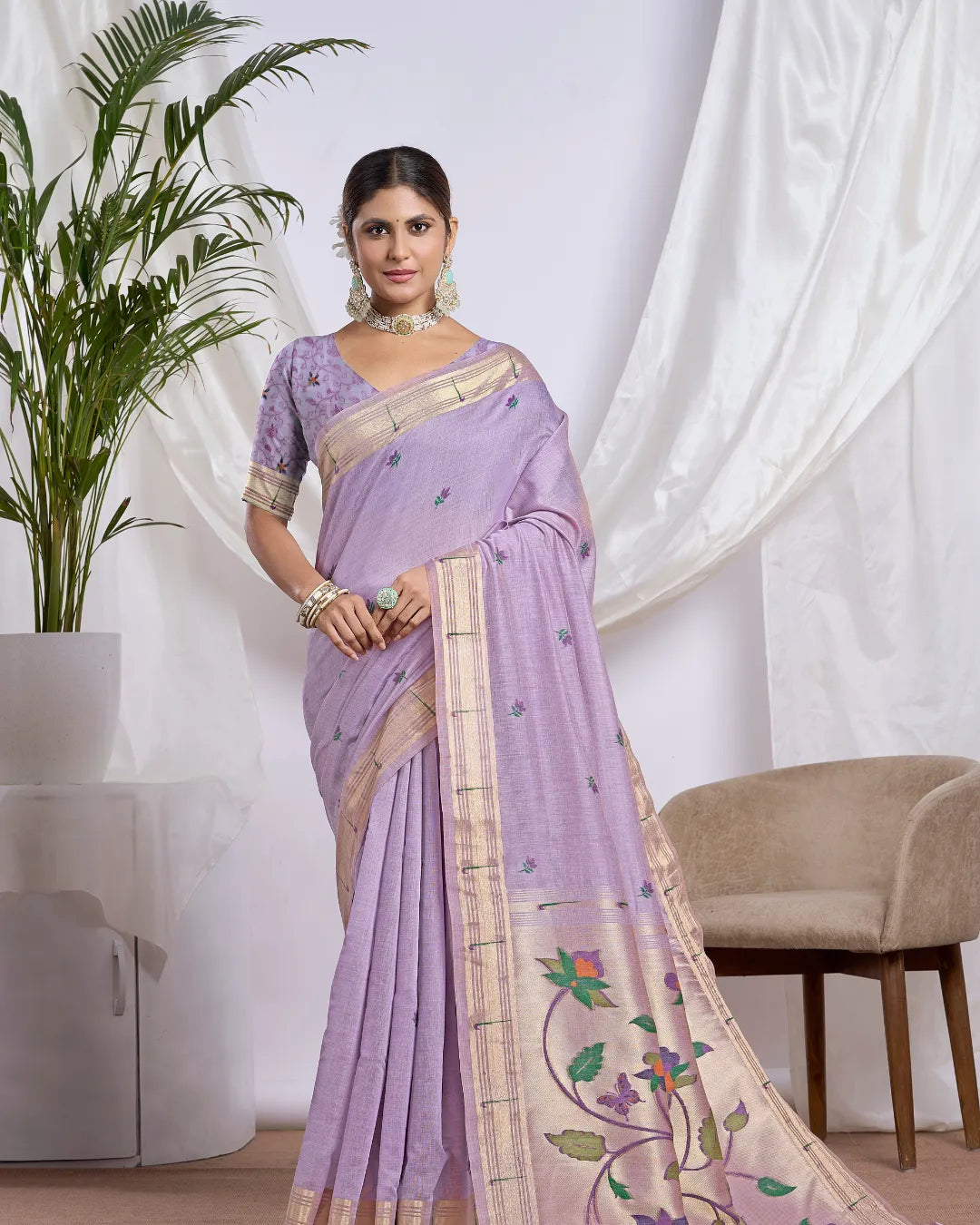 Mustard Yellow Muga Cotton Paithani Saree with Floral Jari Border