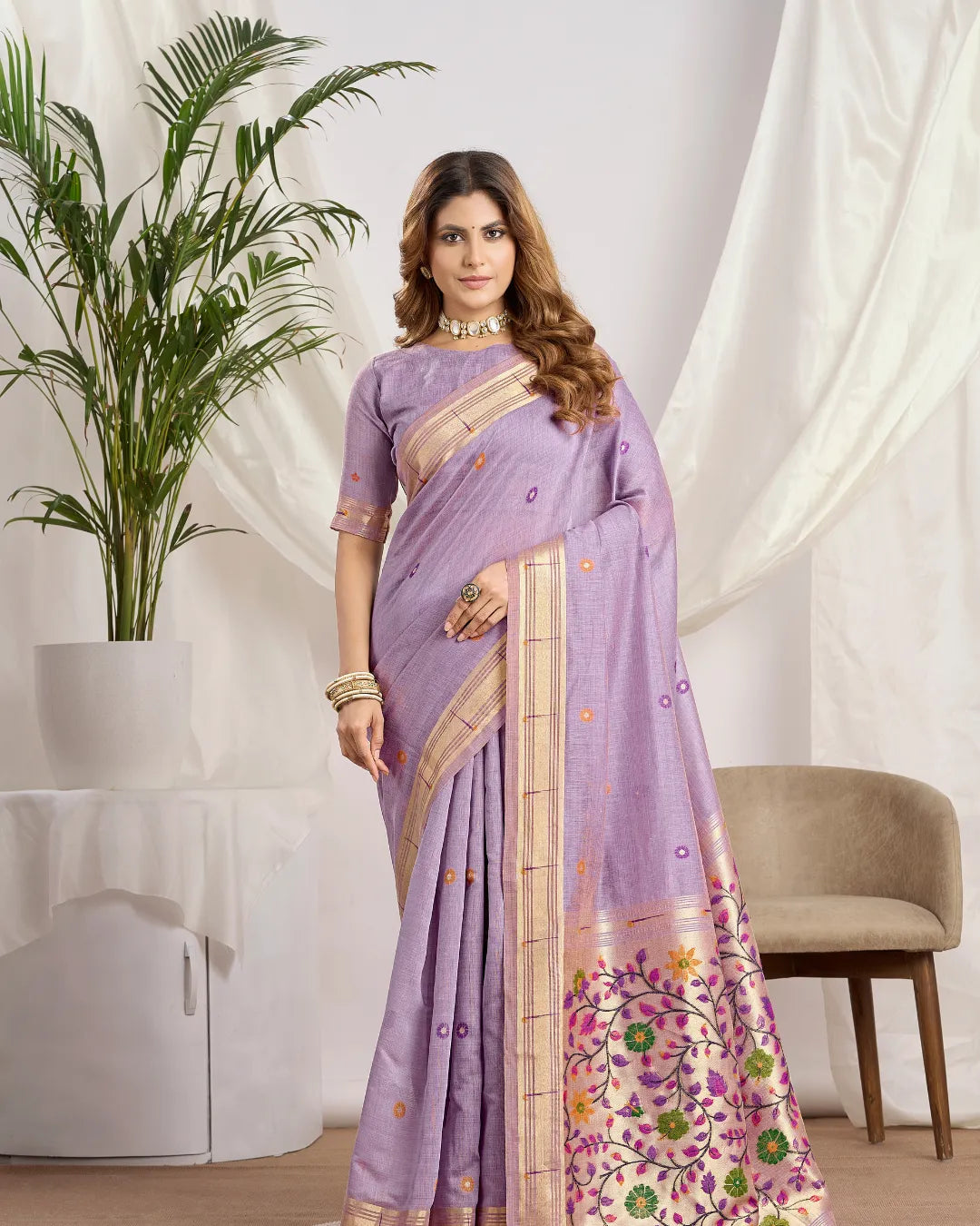 Golden Splendor - Yellow Muga Cotton Paithani Saree with Floral Jari Border