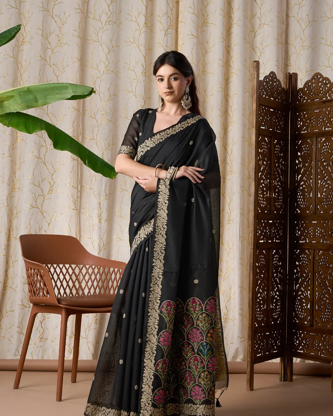 Wine Muga Cotton Jamdani Saree with Multicolour Flower Pallu