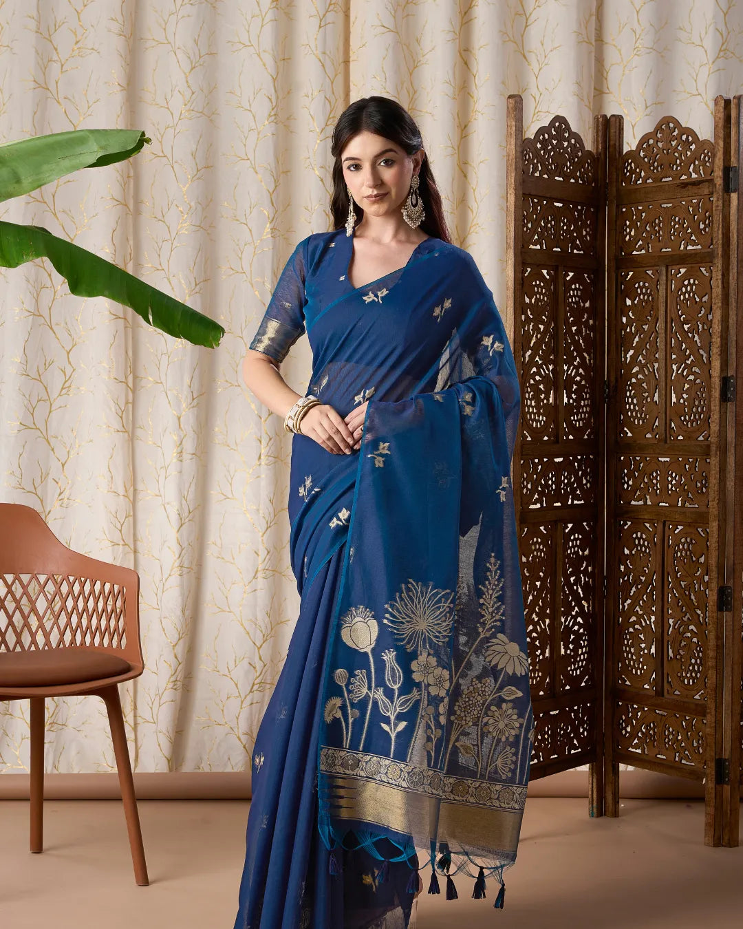 Rama Green Muga Cotton Jamdani Saree with Floral Pallu