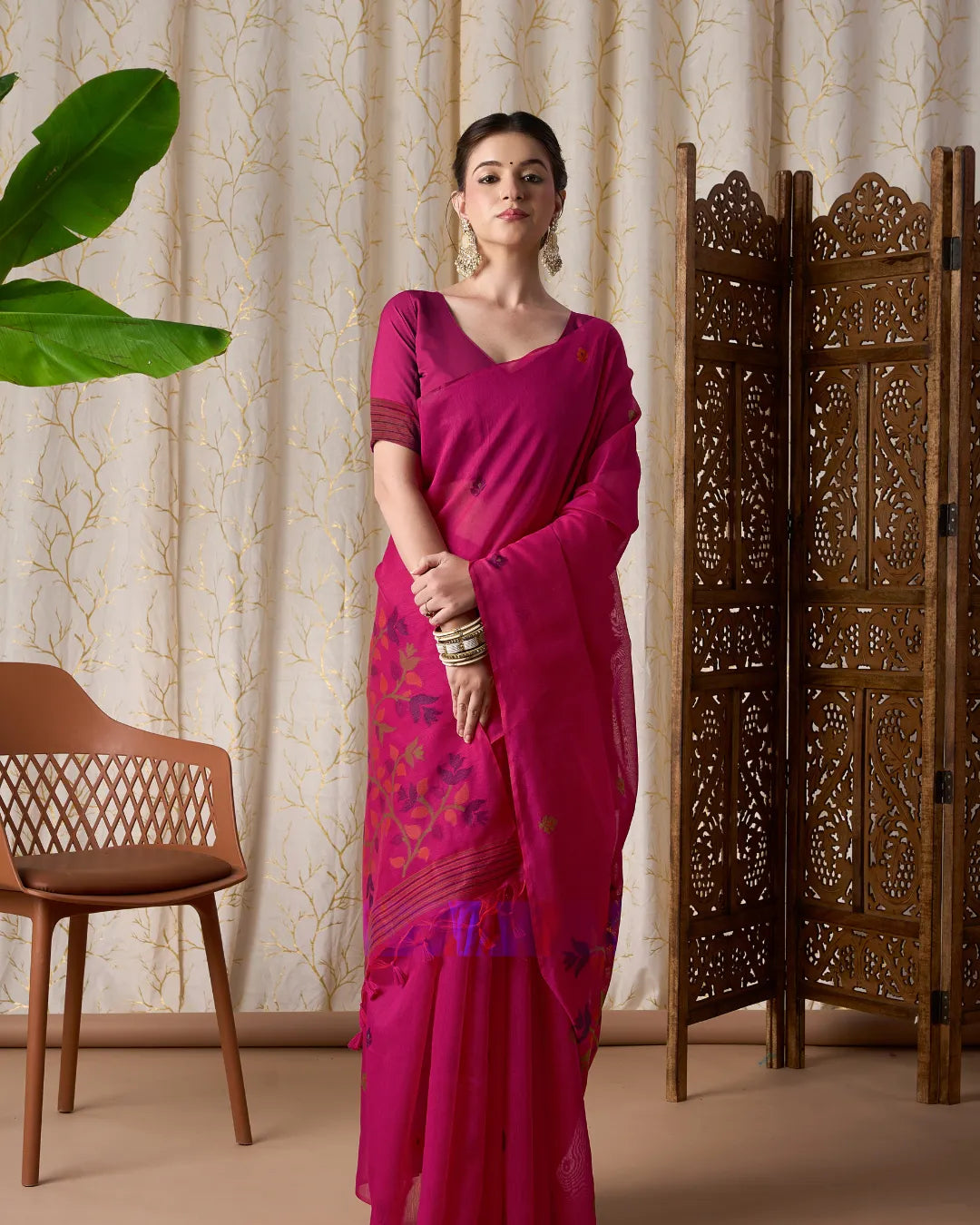 Wine Jamdani Muga Cotton Saree with Traditional Resham Border