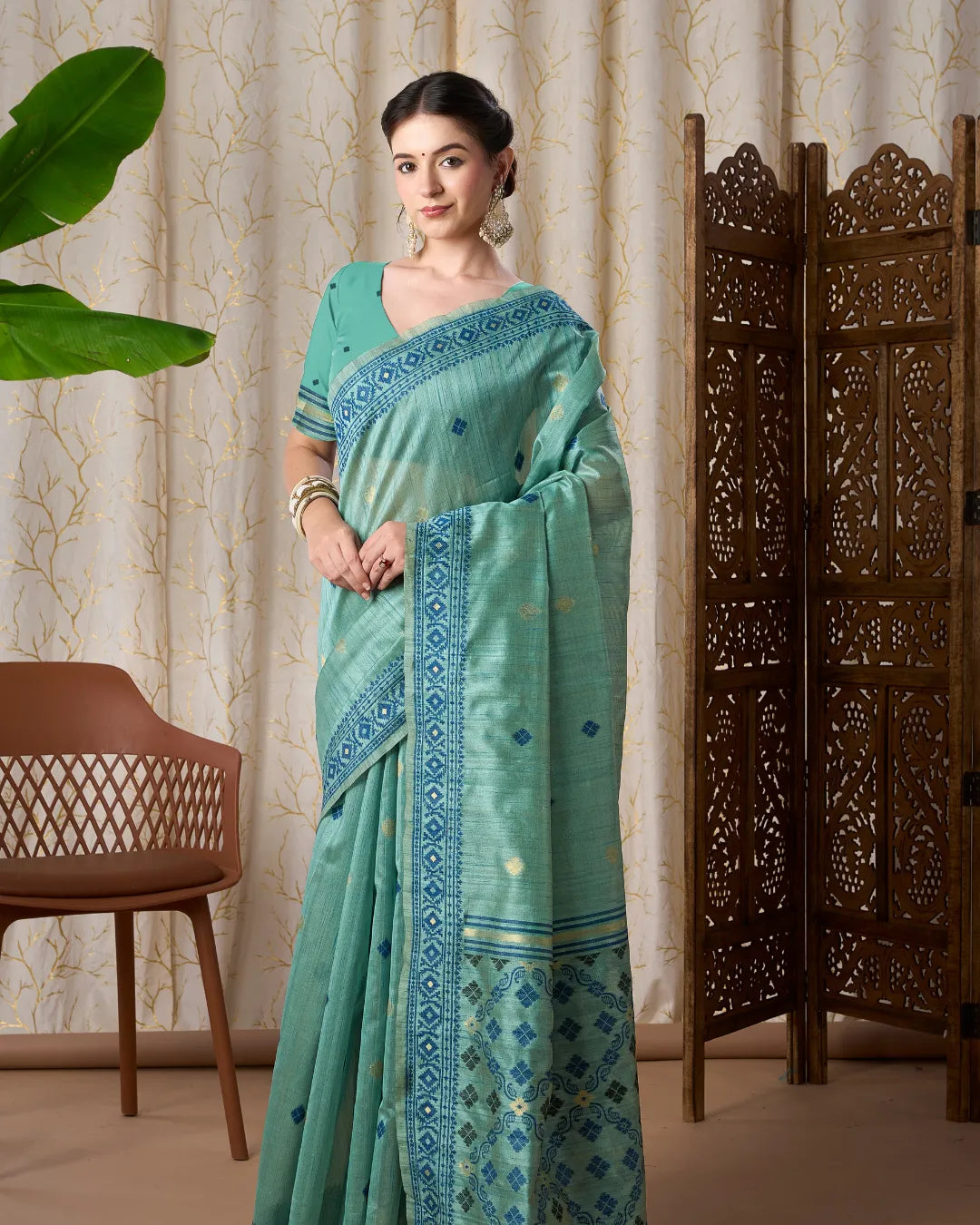 Dark Pista Tassar Silk Saree with Jamdani Resham Border