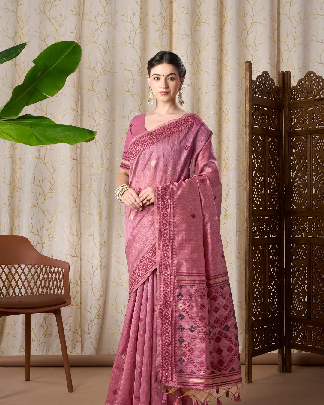 Ivory Heritage – Chikoo Tassar Silk Saree with Jamdani Grace