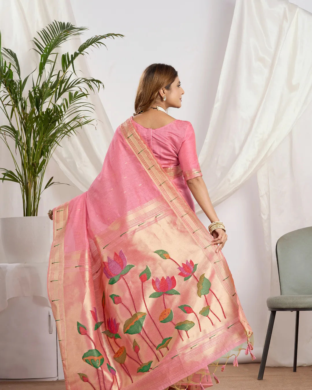 Pink Muga Cotton Paithani Saree with Lotus Jari Border