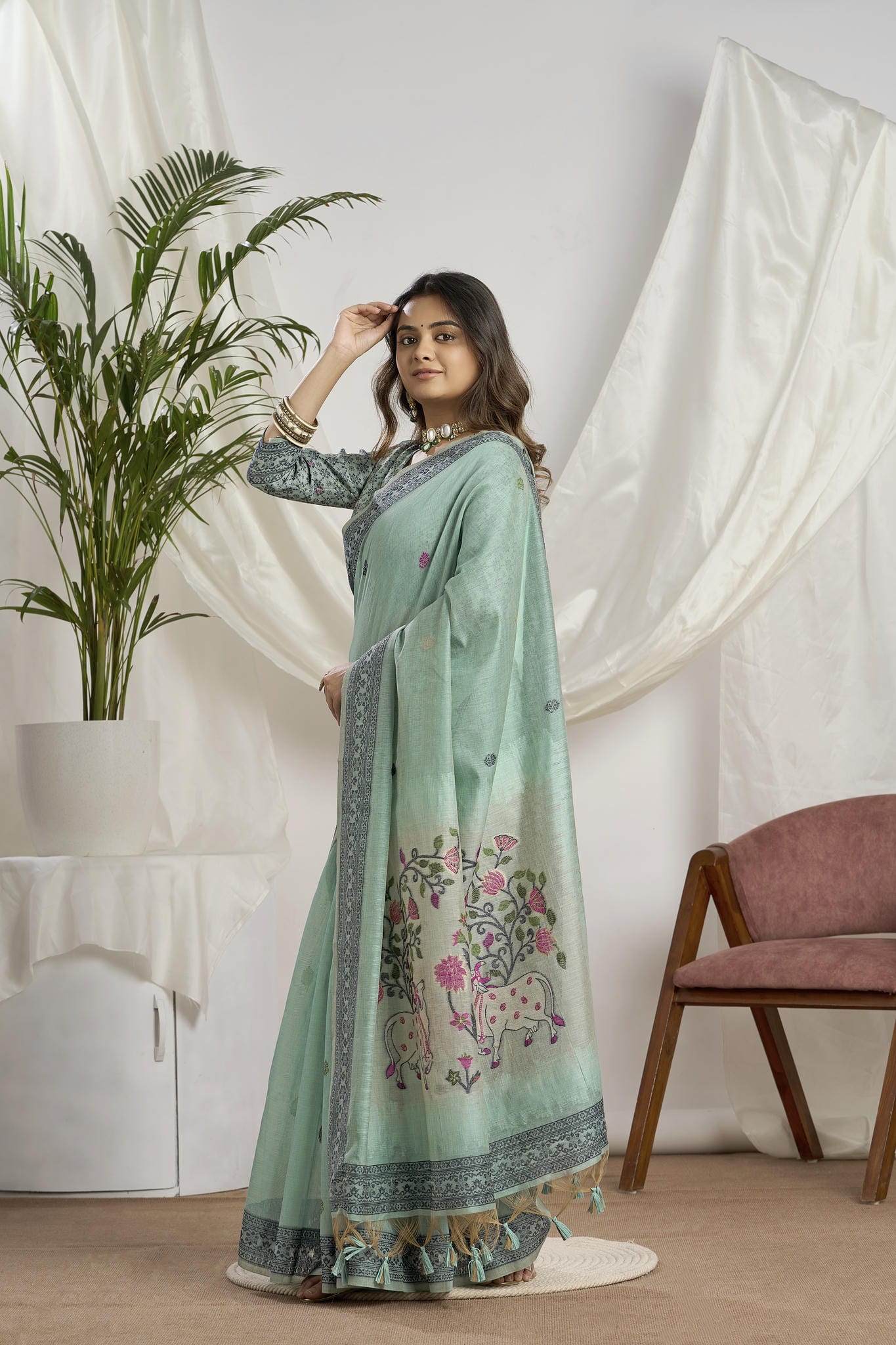 Seafoam Green Linen-Cotton Saree with Woven Pallu