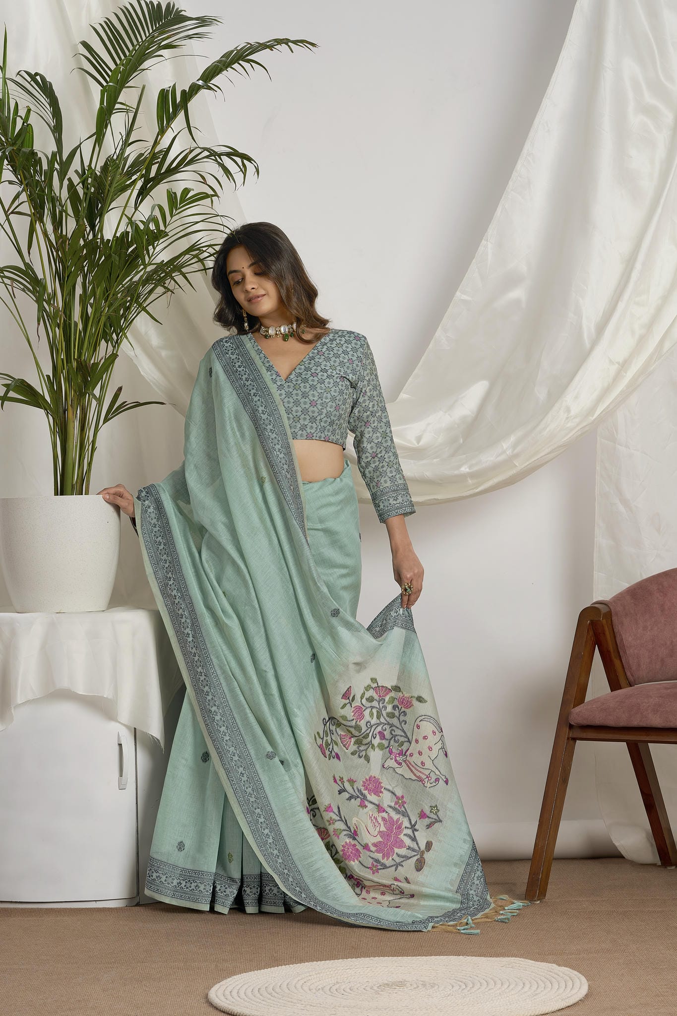 Seafoam Green Linen-Cotton Saree with Woven Pallu