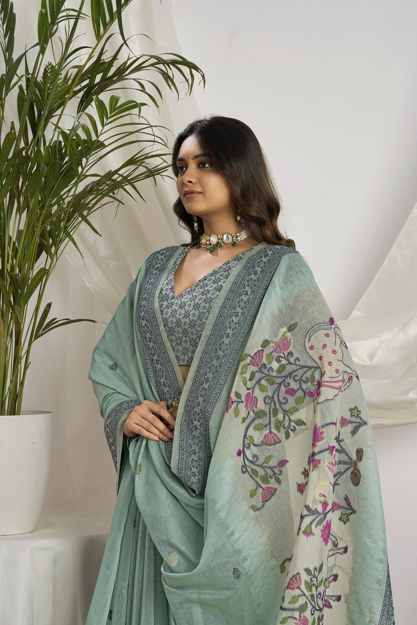 Seafoam Green Linen-Cotton Saree with Woven Pallu