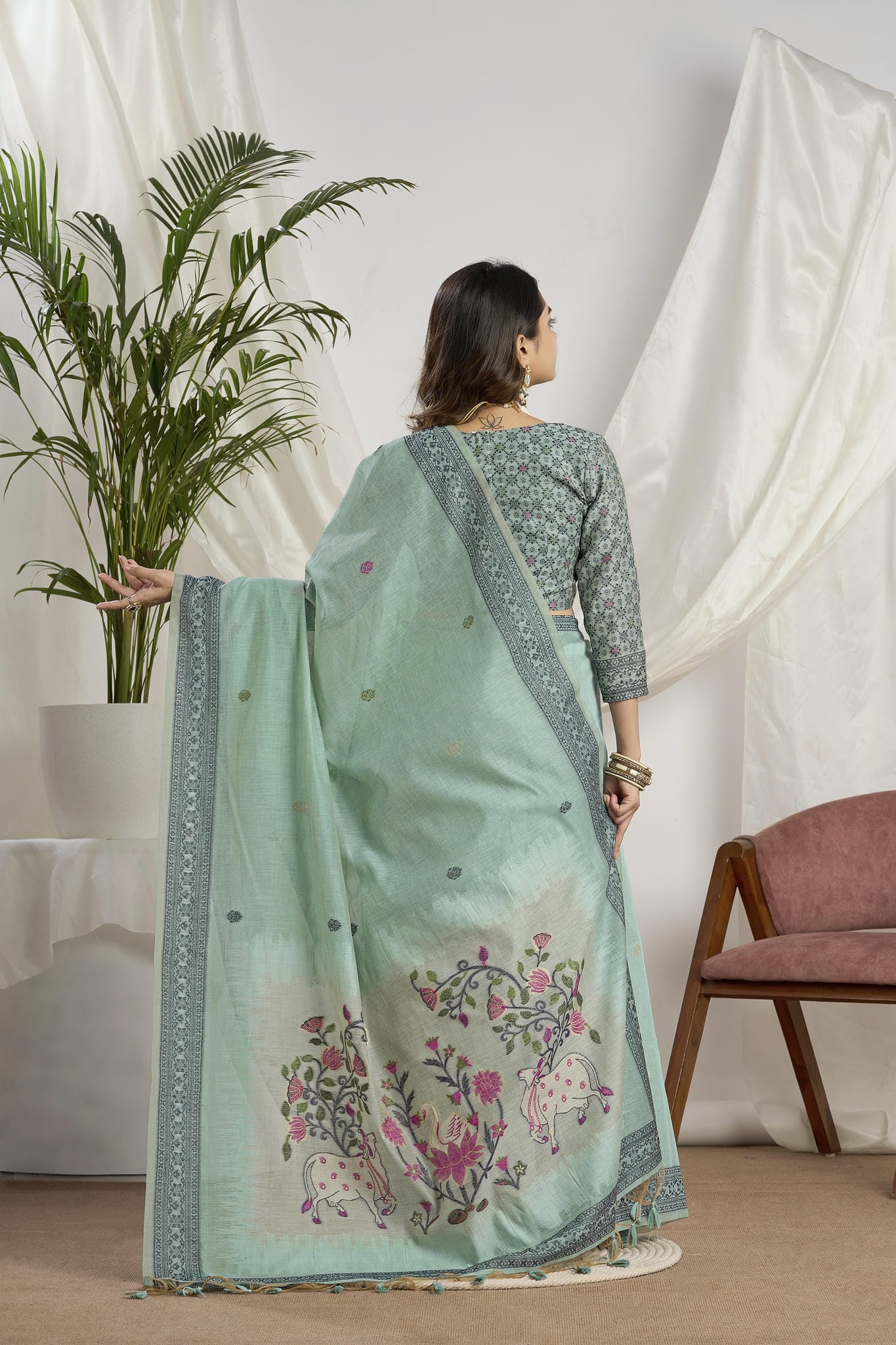Seafoam Green Linen-Cotton Saree with Woven Pallu