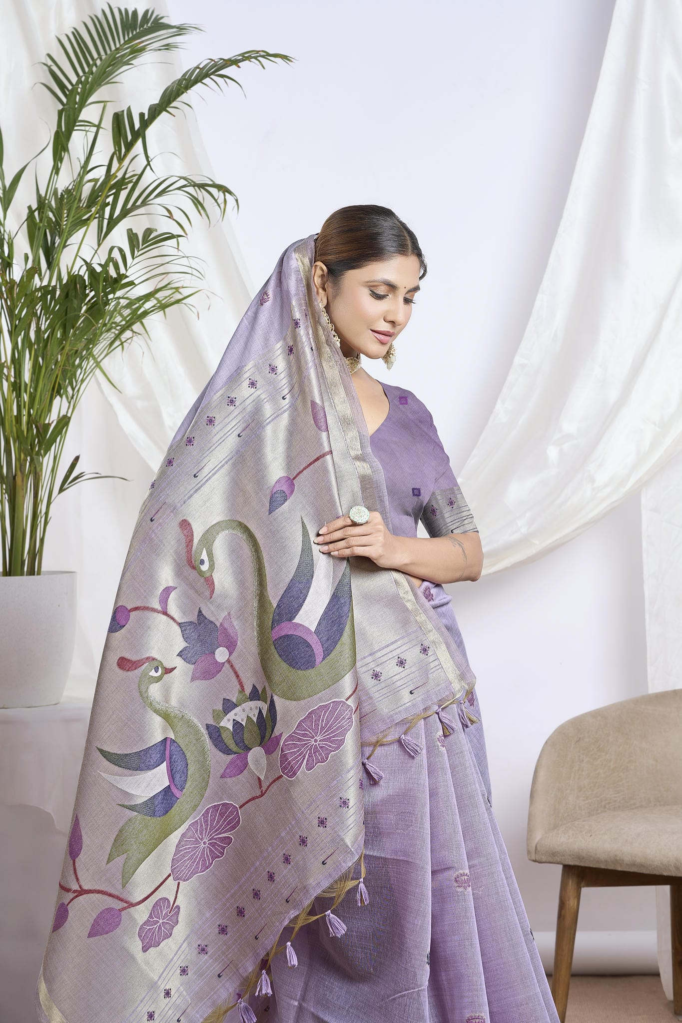 Sand Beige Silk-Cotton Saree | Zari Jamdani Bird Motifs