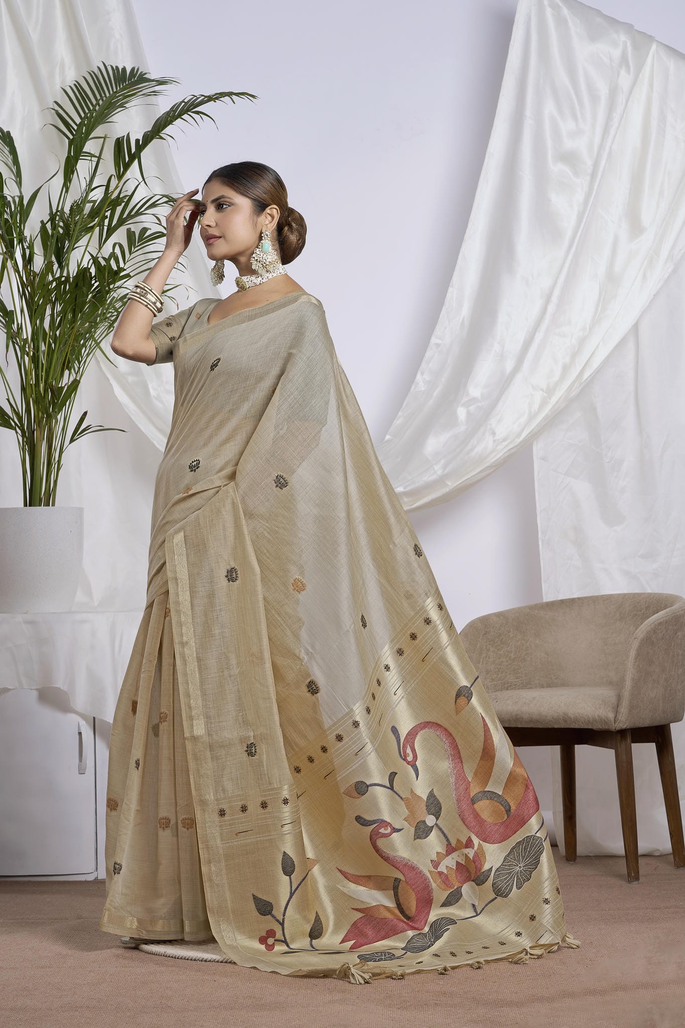 Sand Beige Silk-Cotton Saree | Zari Jamdani Bird Motifs