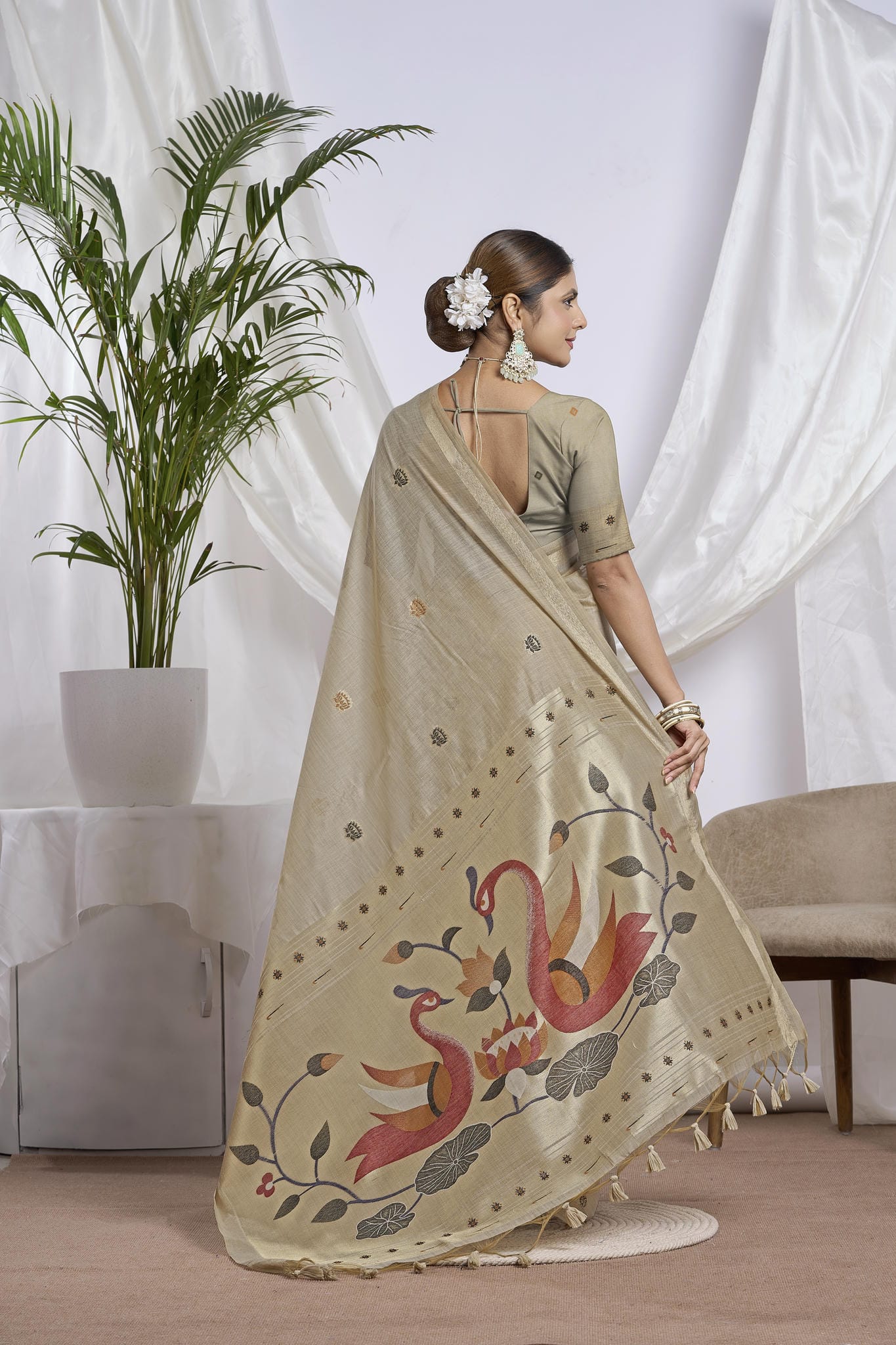 Sand Beige Silk-Cotton Saree | Zari Jamdani Bird Motifs