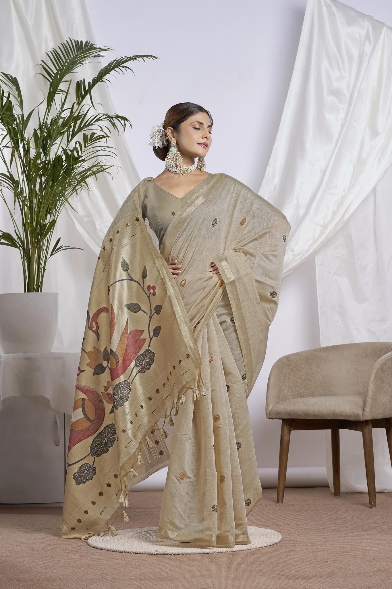 Sand Beige Silk-Cotton Saree | Zari Jamdani Bird Motifs