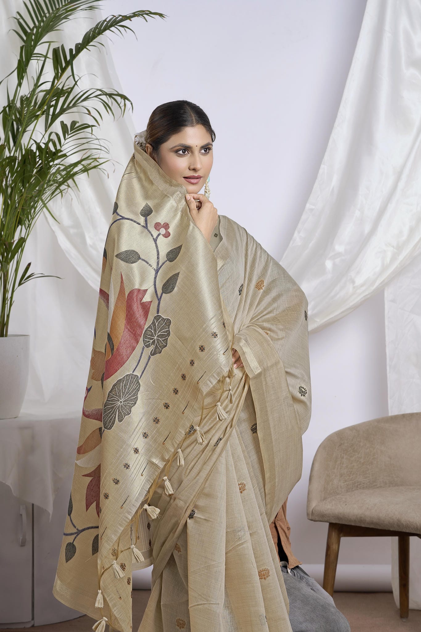 Sand Beige Silk-Cotton Saree | Zari Jamdani Bird Motifs