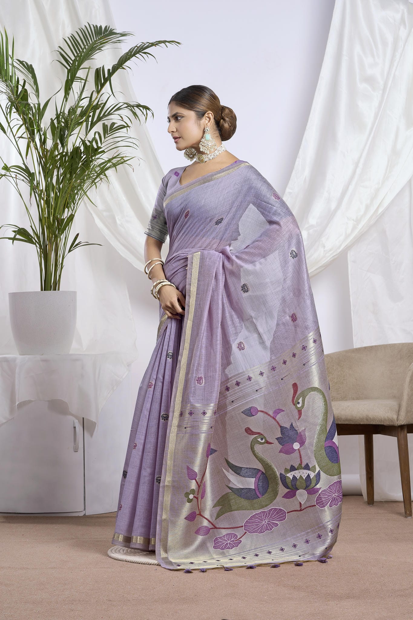 Sand Beige Silk-Cotton Saree | Zari Jamdani Bird Motifs