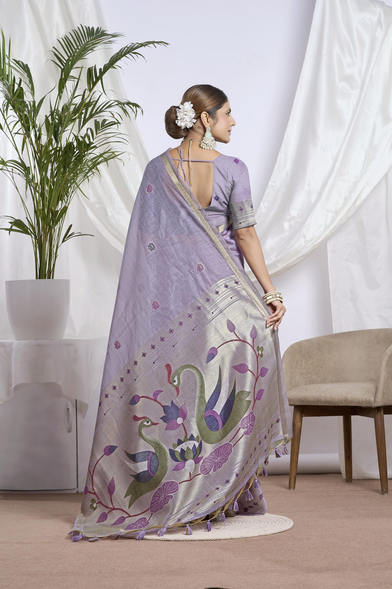 Sand Beige Silk-Cotton Saree | Zari Jamdani Bird Motifs