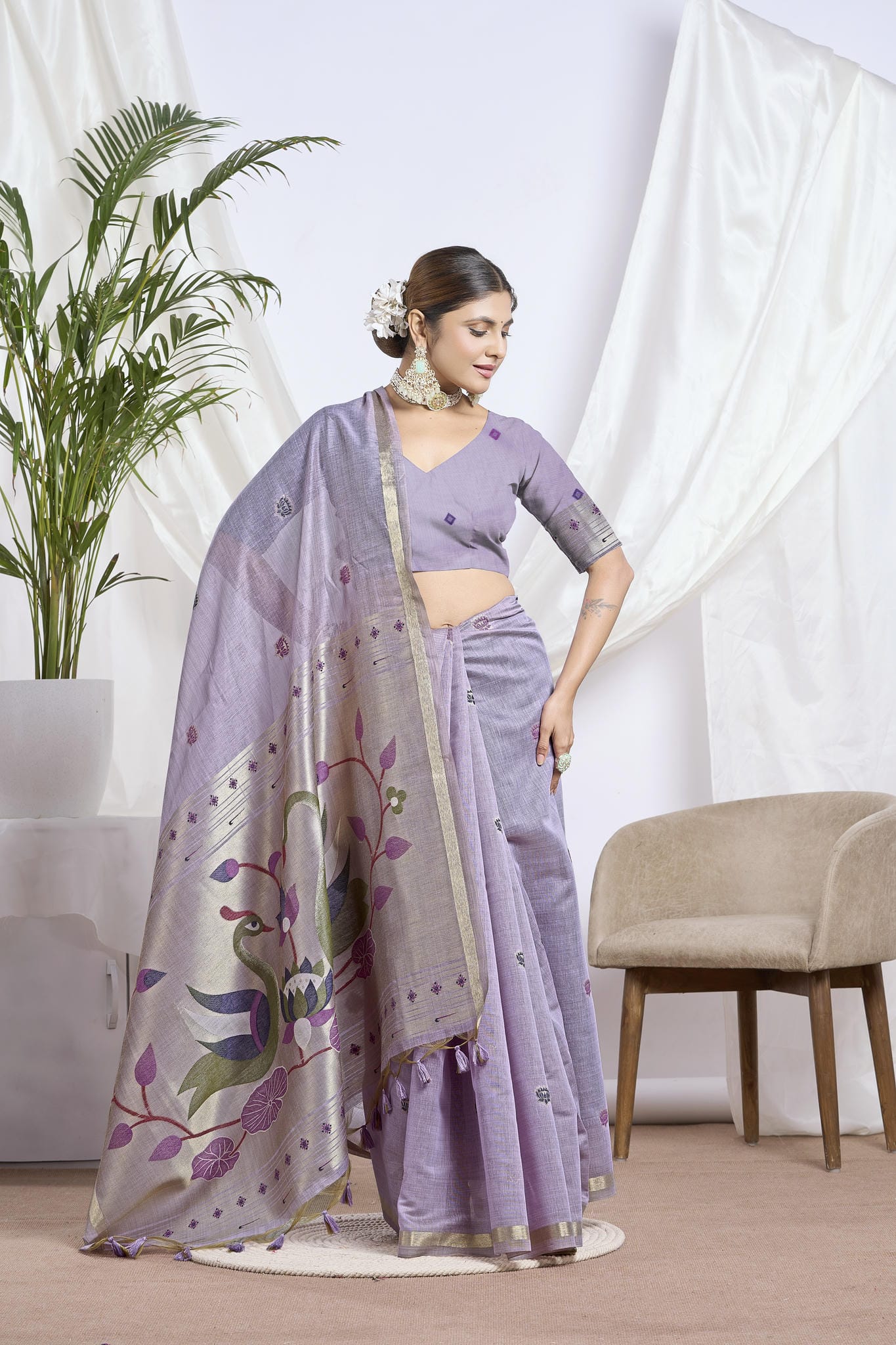 Sand Beige Silk-Cotton Saree | Zari Jamdani Bird Motifs