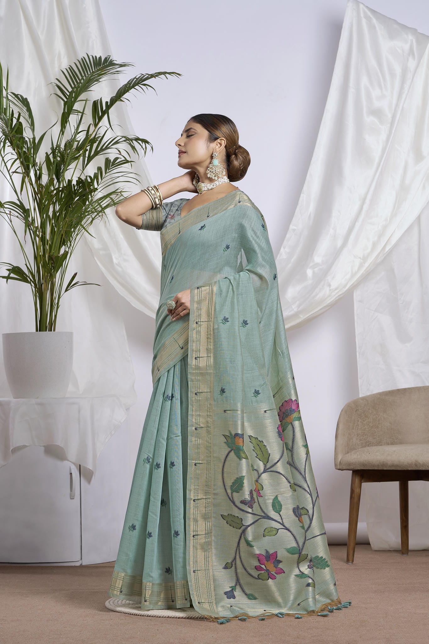 Dhakai Jamdani Saree in Dusty Teal | Broad Zari Border