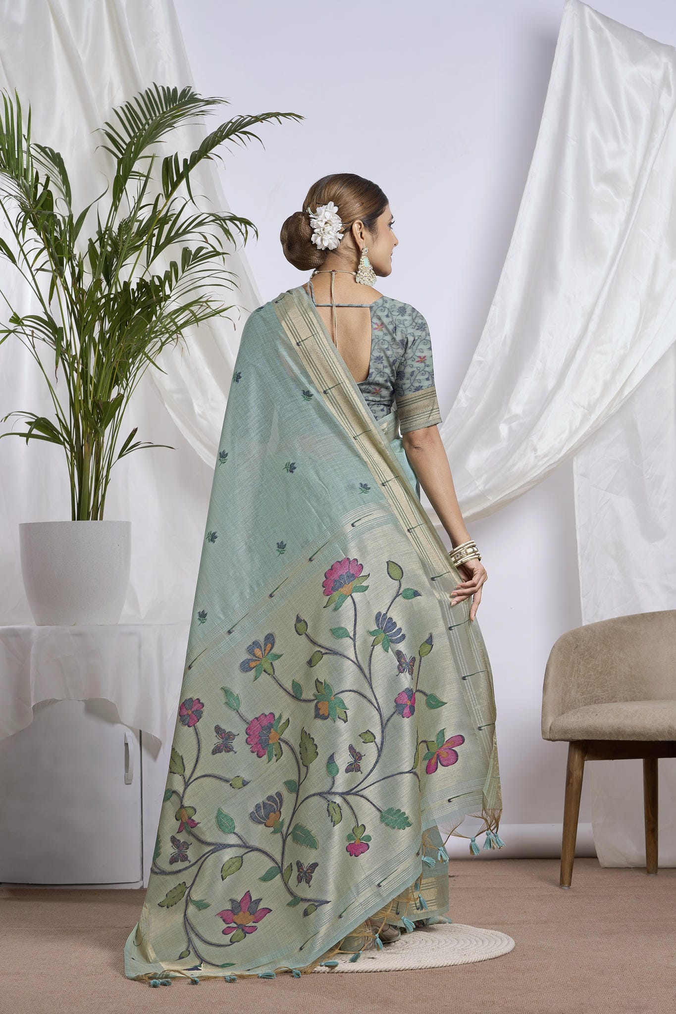 Dhakai Jamdani Saree in Dusty Teal | Broad Zari Border