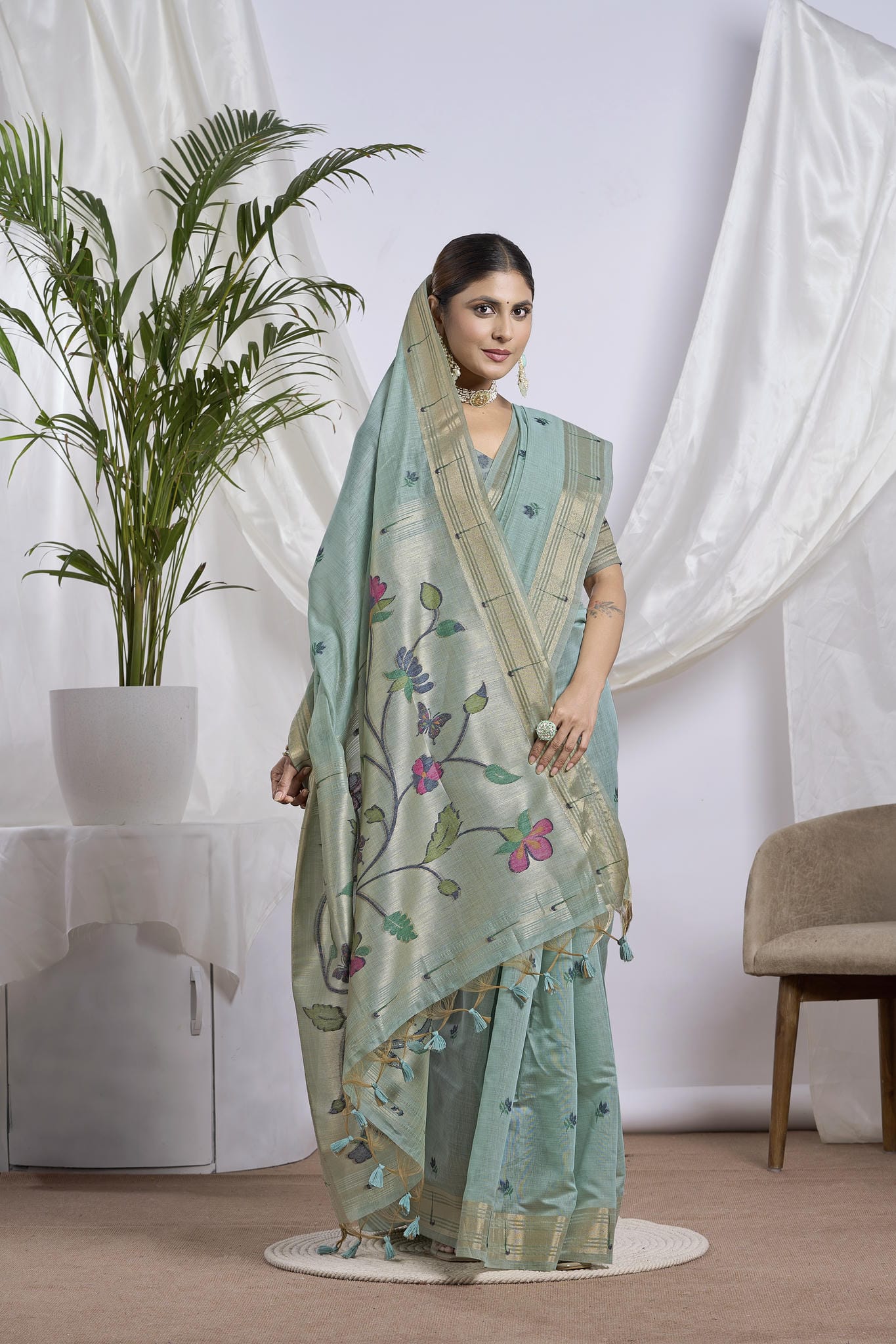 Dhakai Jamdani Saree in Dusty Teal | Broad Zari Border