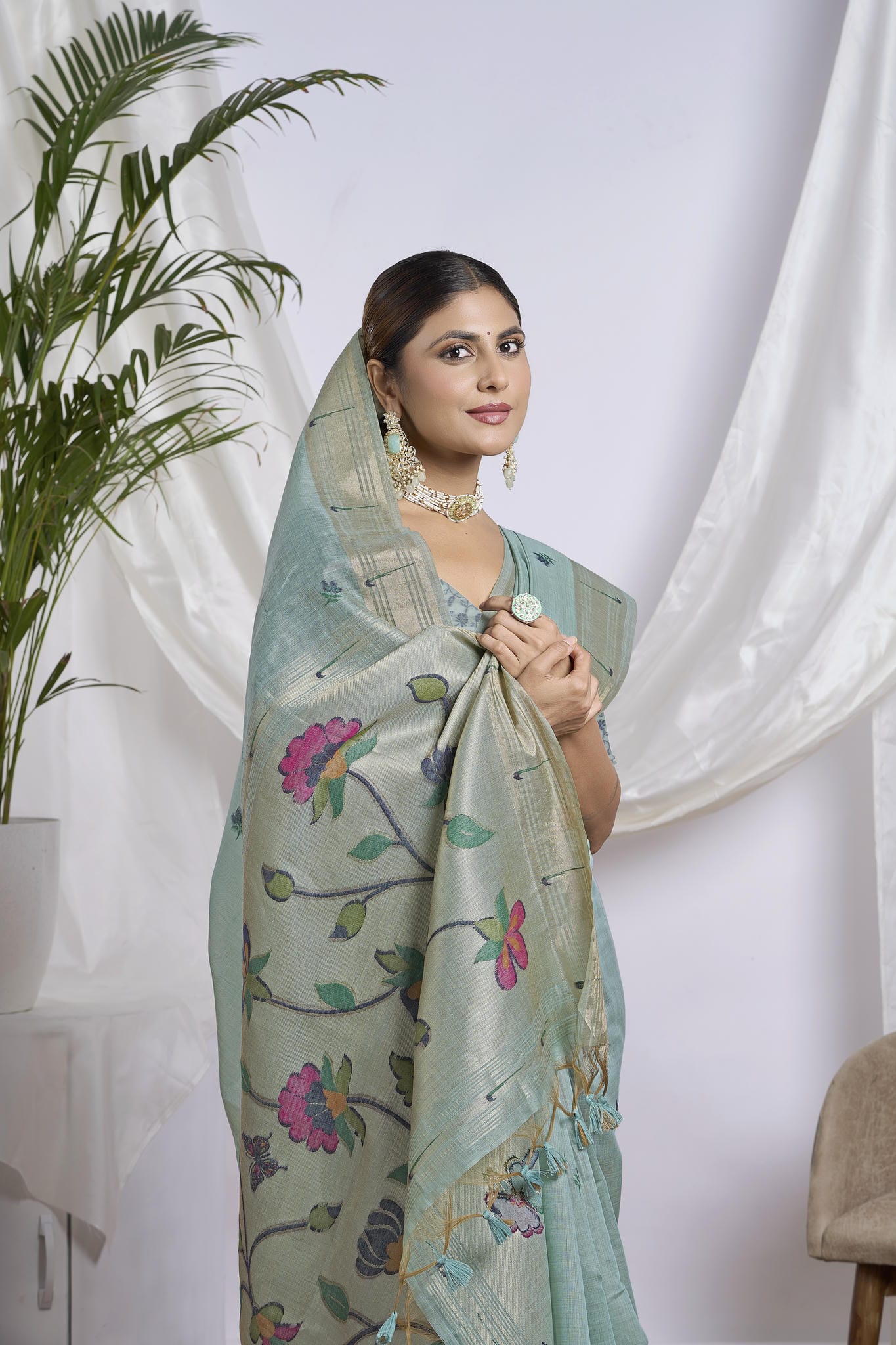 Dhakai Jamdani Saree in Dusty Teal | Broad Zari Border