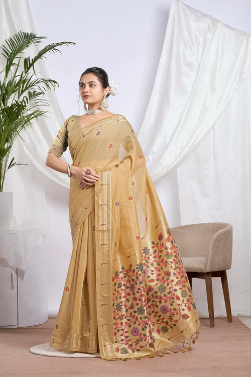 Dhakai Jamdani Saree in Antique Gold with Meenakari Pallu