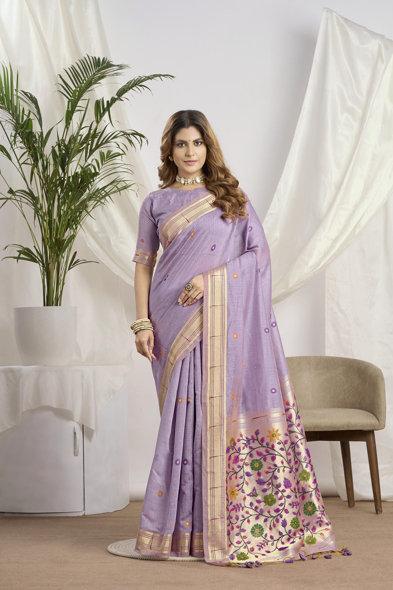 Dhakai Muga Cotton Paithani Saree in Antique Gold with Meenakari Pallu