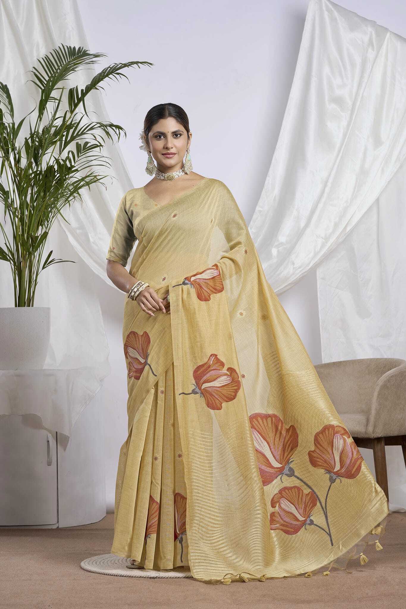 Pastel Lime Green Zari Jamdani Soft Cotton Saree | Floral Motifs