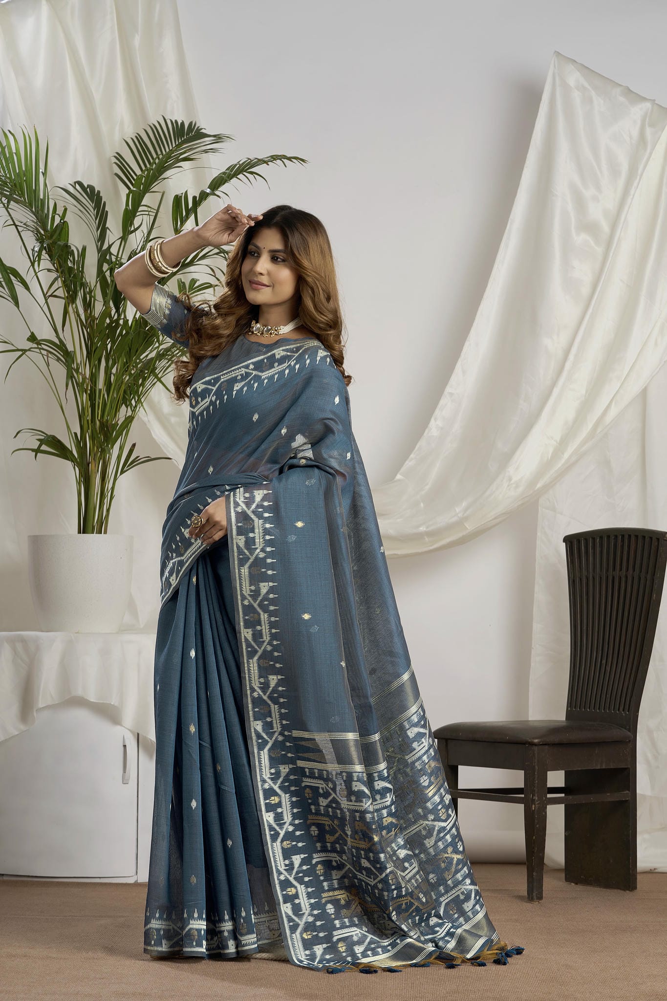 Deep Teal Zari Jamdani Muga-Cotton Saree | Woven Geometric Borders