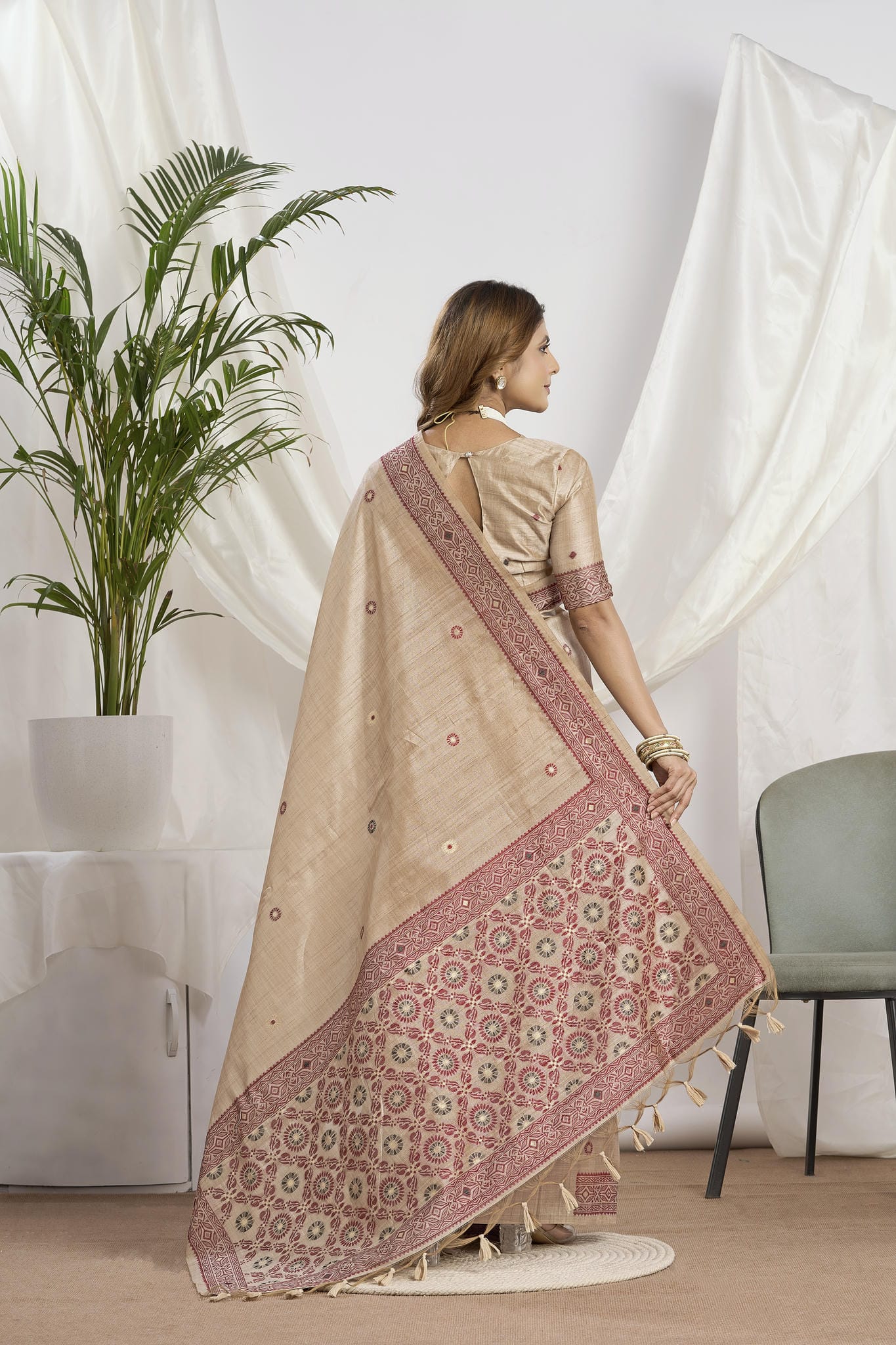 Dhakai Jamdani Saree in Beige with Woven Mirror Work