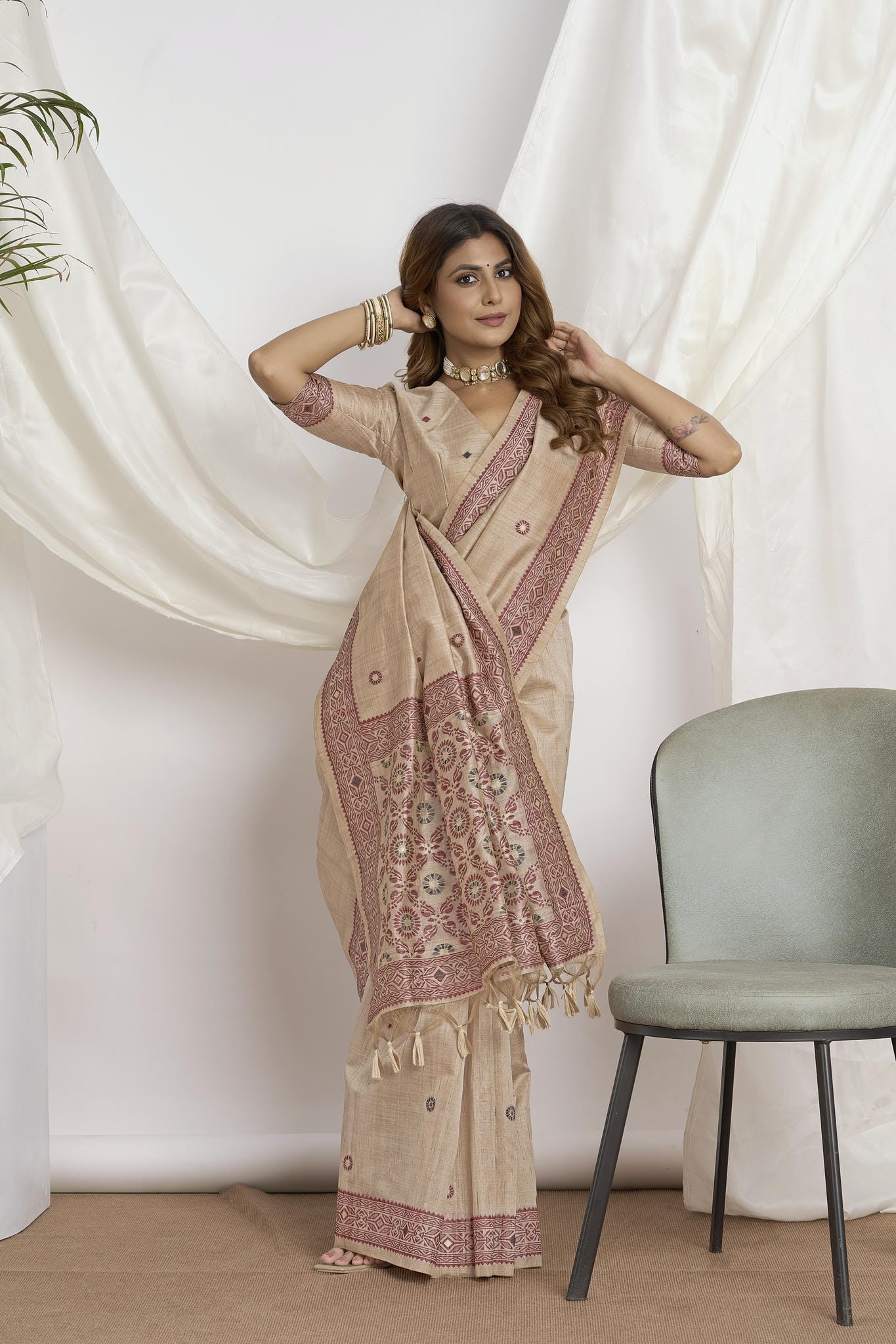 Dhakai Tassar Silk Saree in Beige with Woven Mirror Work