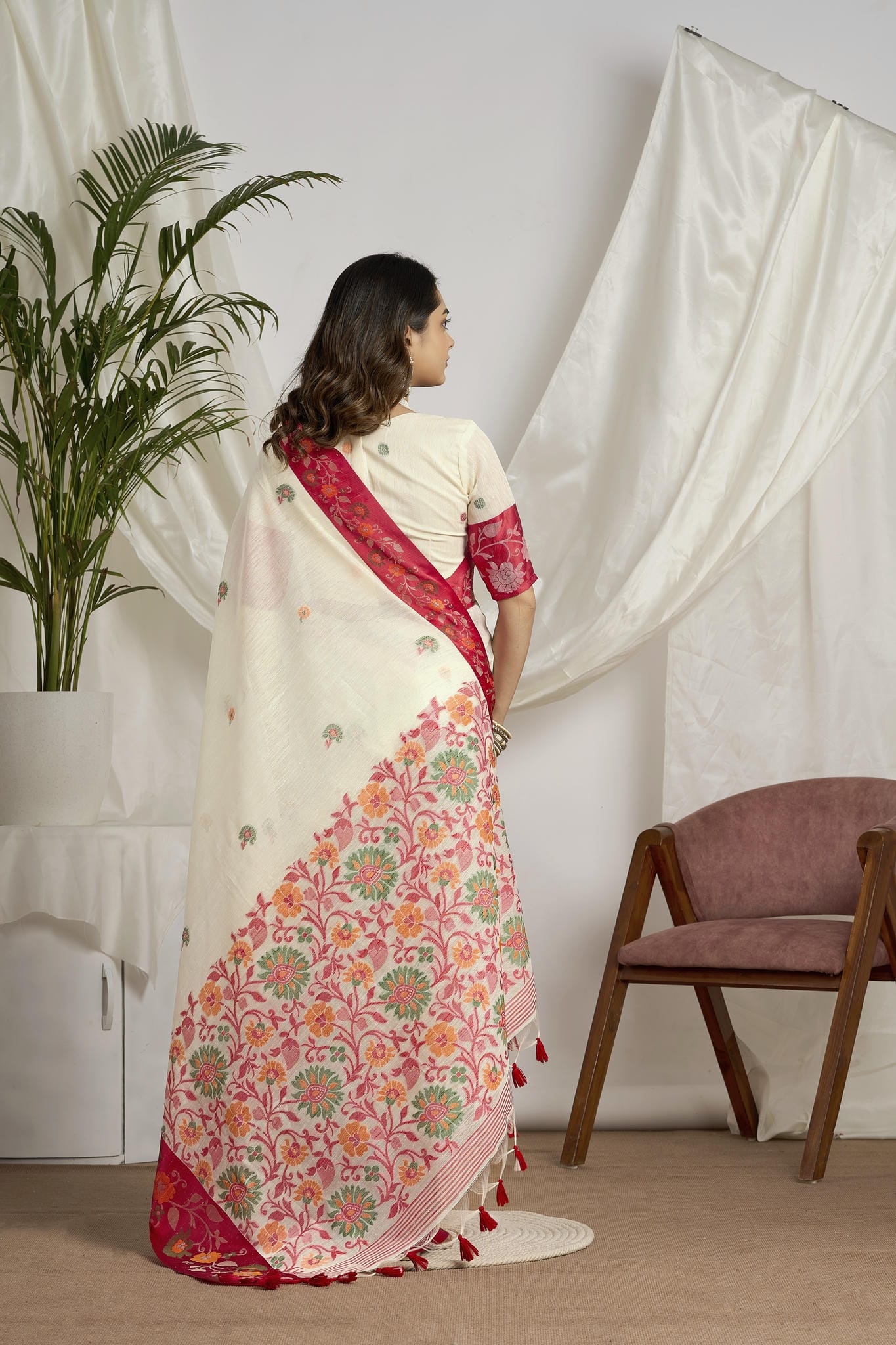 Off-White Jamdani Saree with Red Floral Border for Puja