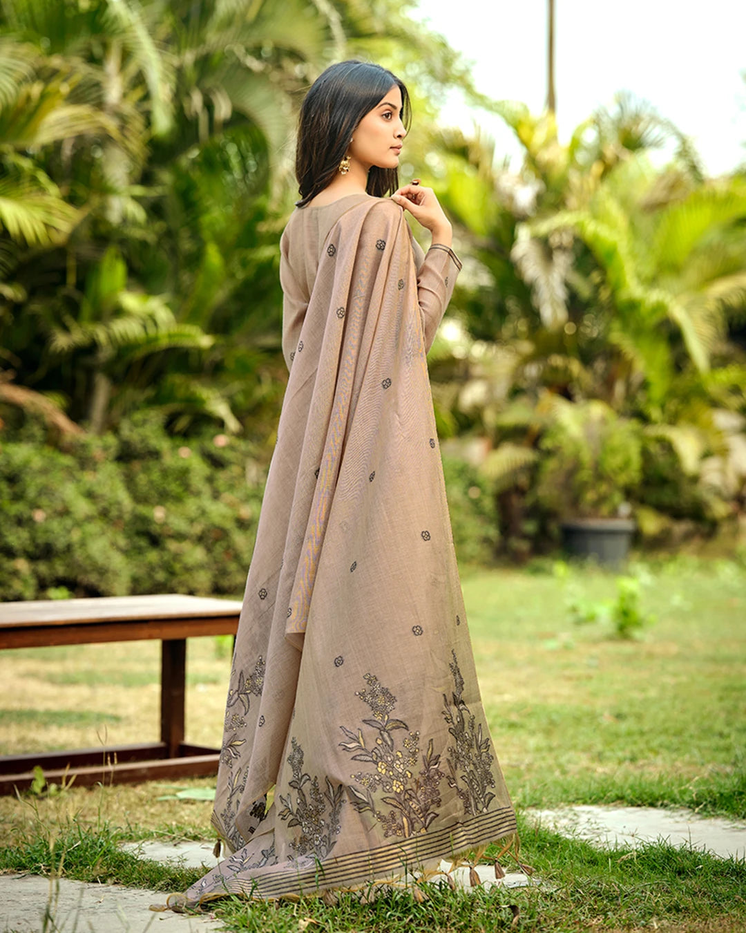 Charcoal Poetry – Steel Grey Muga Cotton Suit with Botanical Elegance