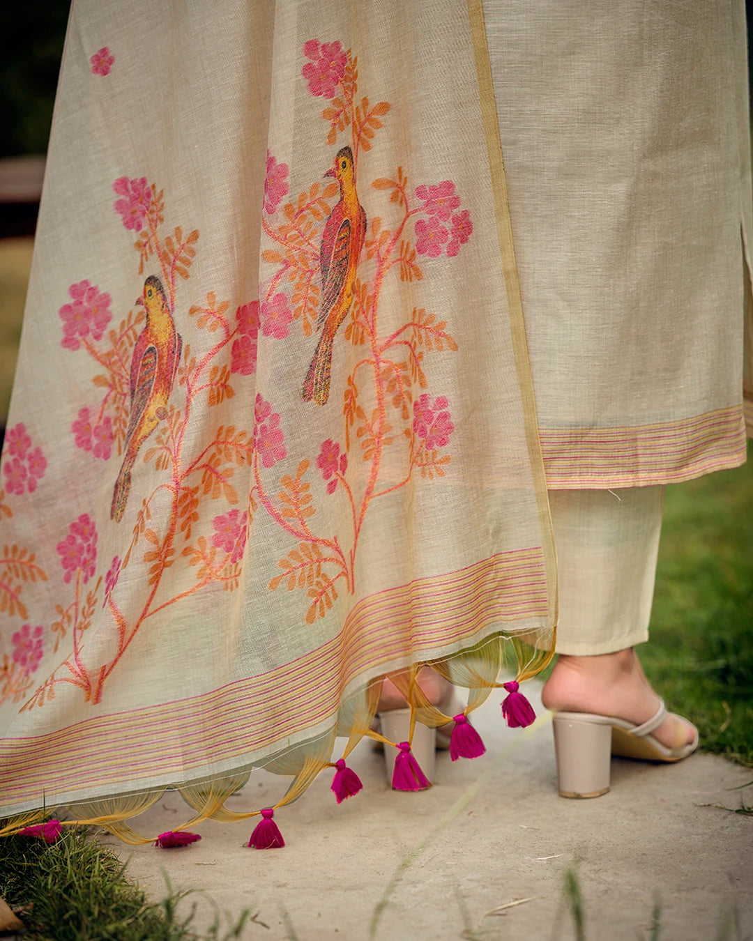 White Rani Muga Cotton Suit Set with Bird and Floral Embroidery
