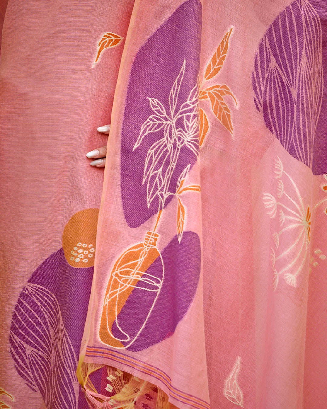 Rose Poetry – Pink Muga Cotton Suit with Garden Bloom Art