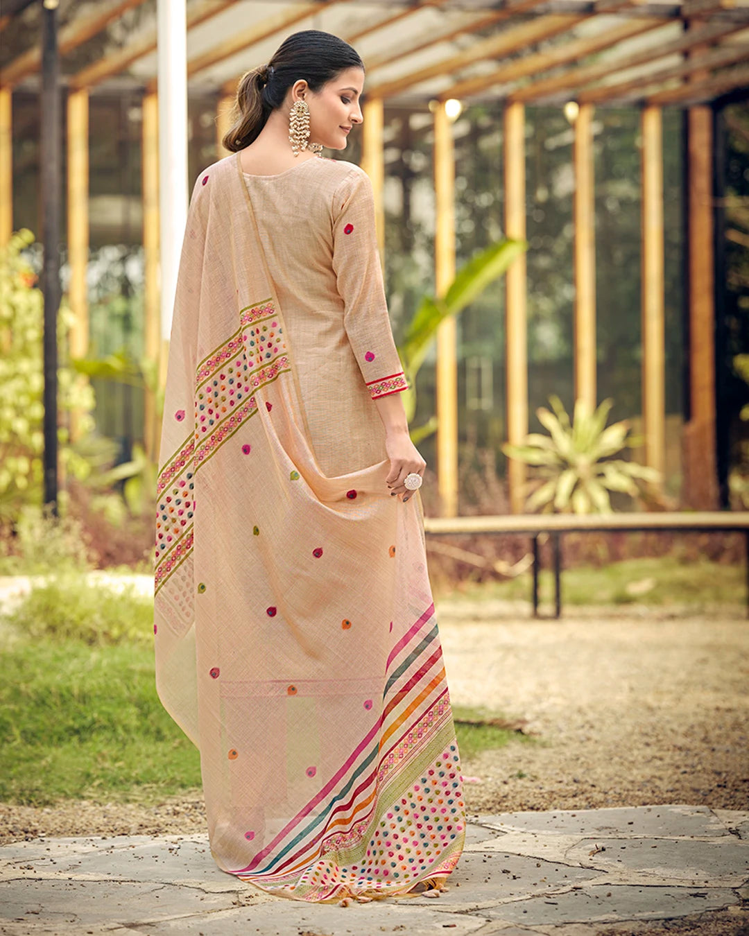 Blush Poetry – Baby Pink Muga Cotton Suit with Garden Bloom Art