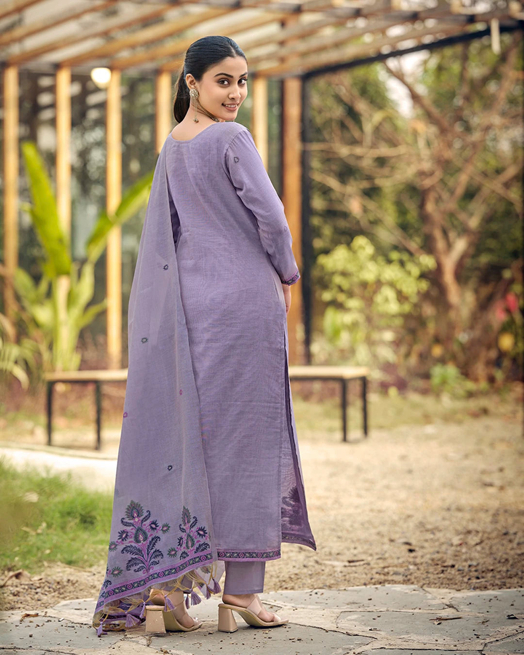 Lavender Poetry – Light Violet Muga Cotton Suit with Garden Bloom Art