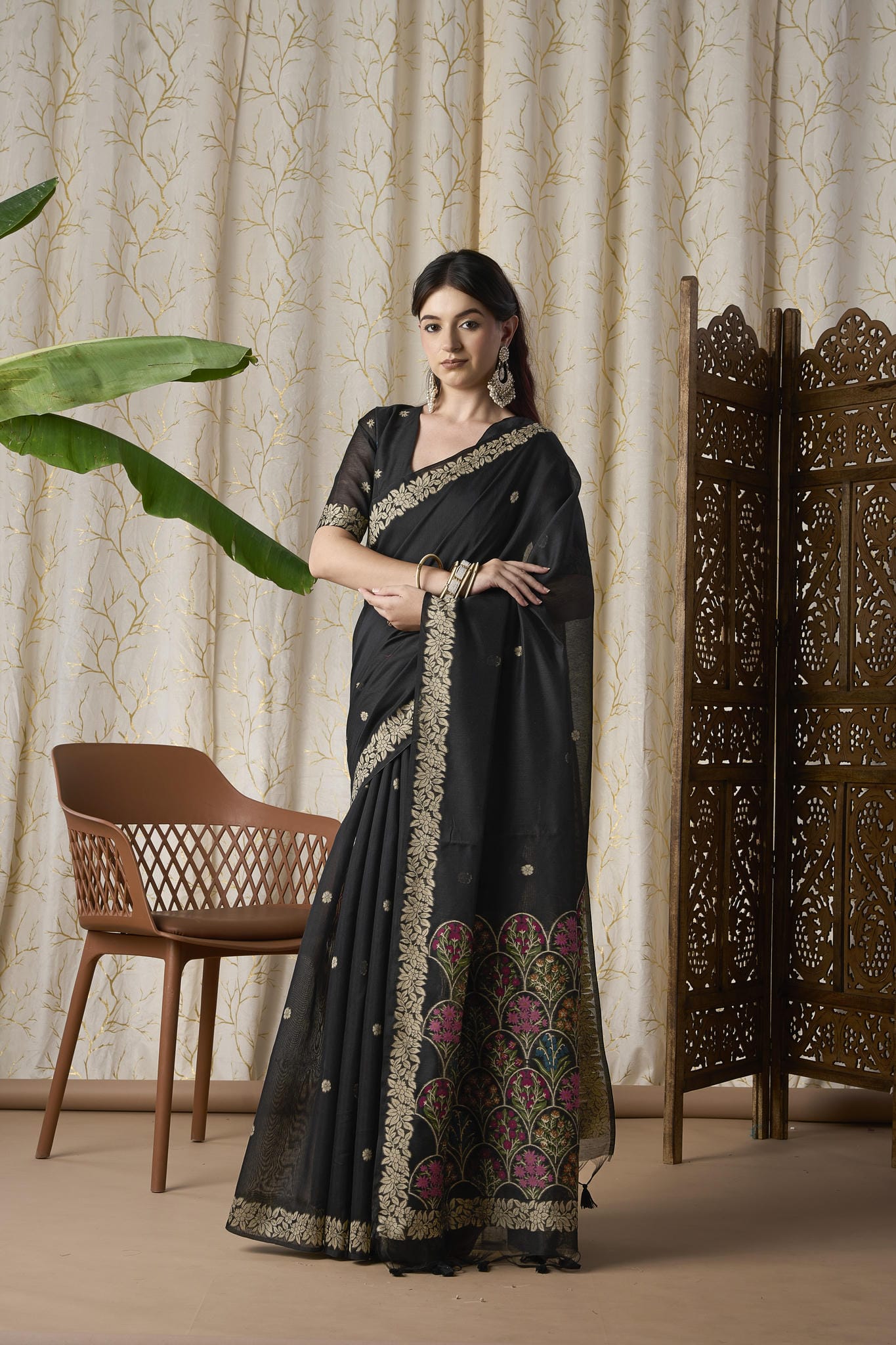 Midnight Black Jamdani Saree with Multicolor Floral Border