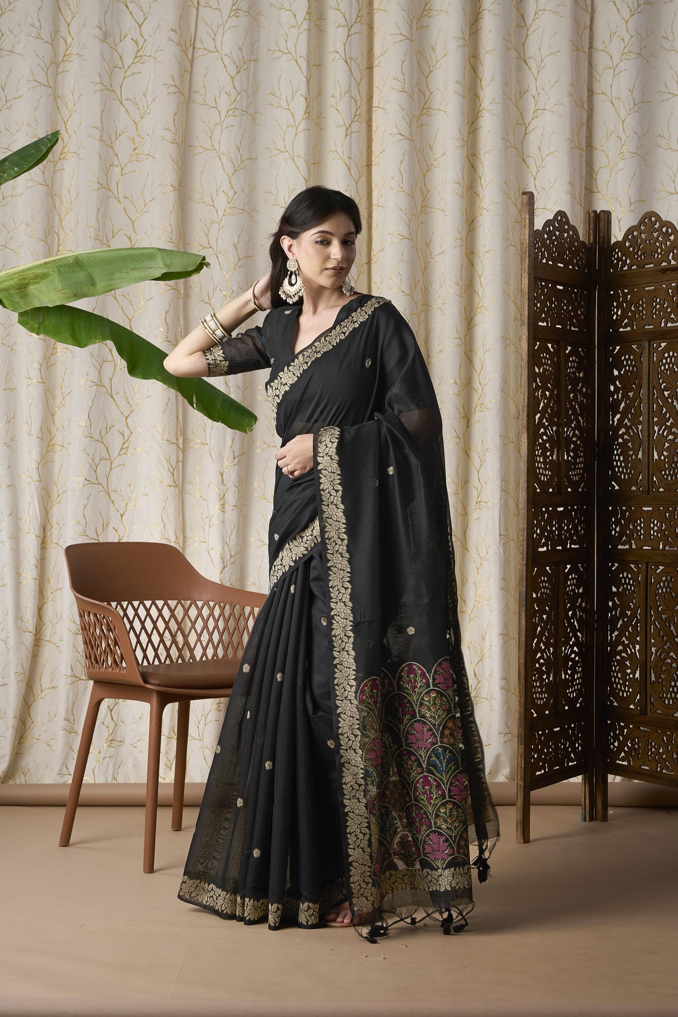Midnight Black Jamdani Saree with Multicolor Floral Border