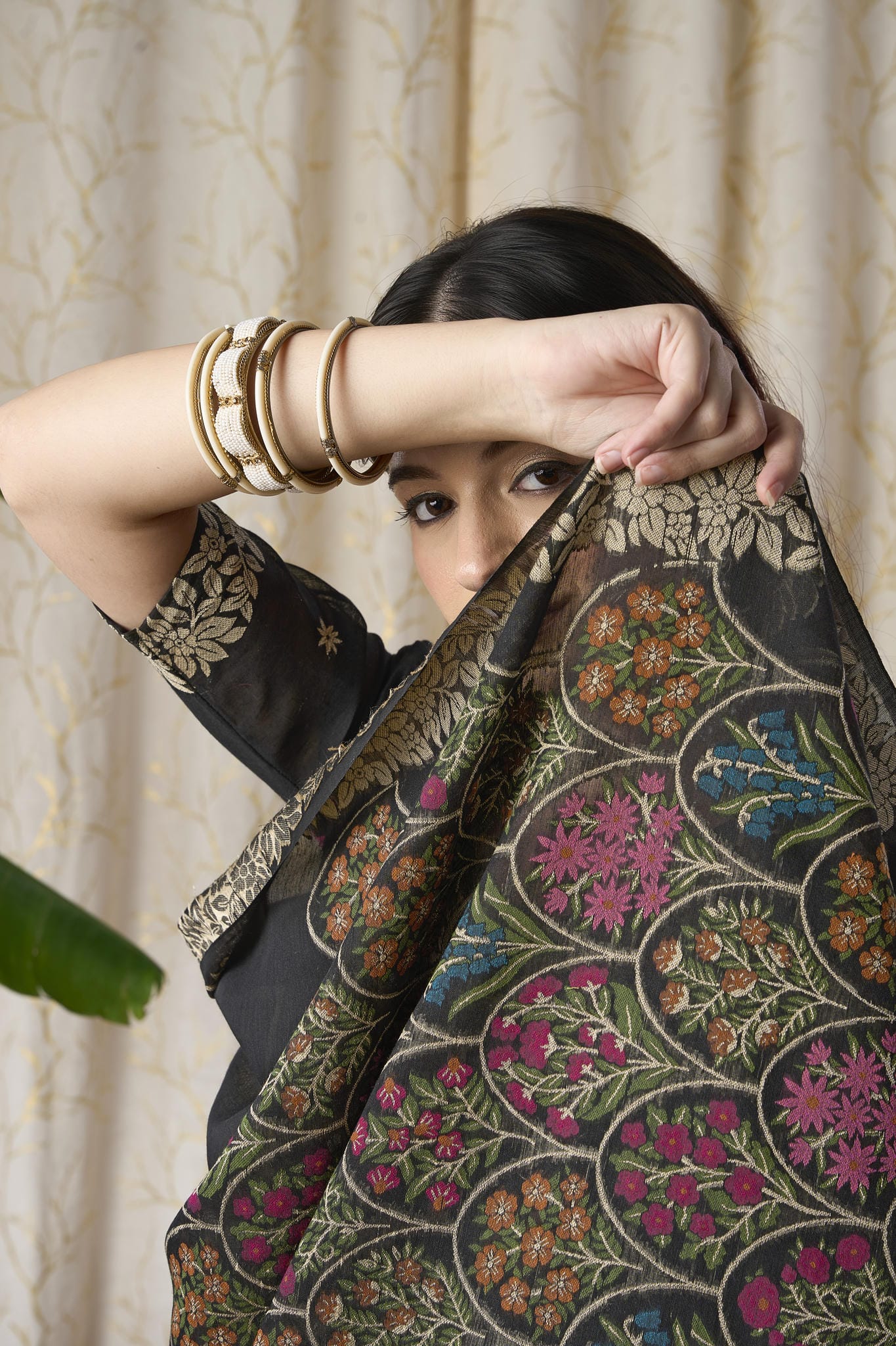 Midnight Black Jamdani Saree with Multicolor Floral Border