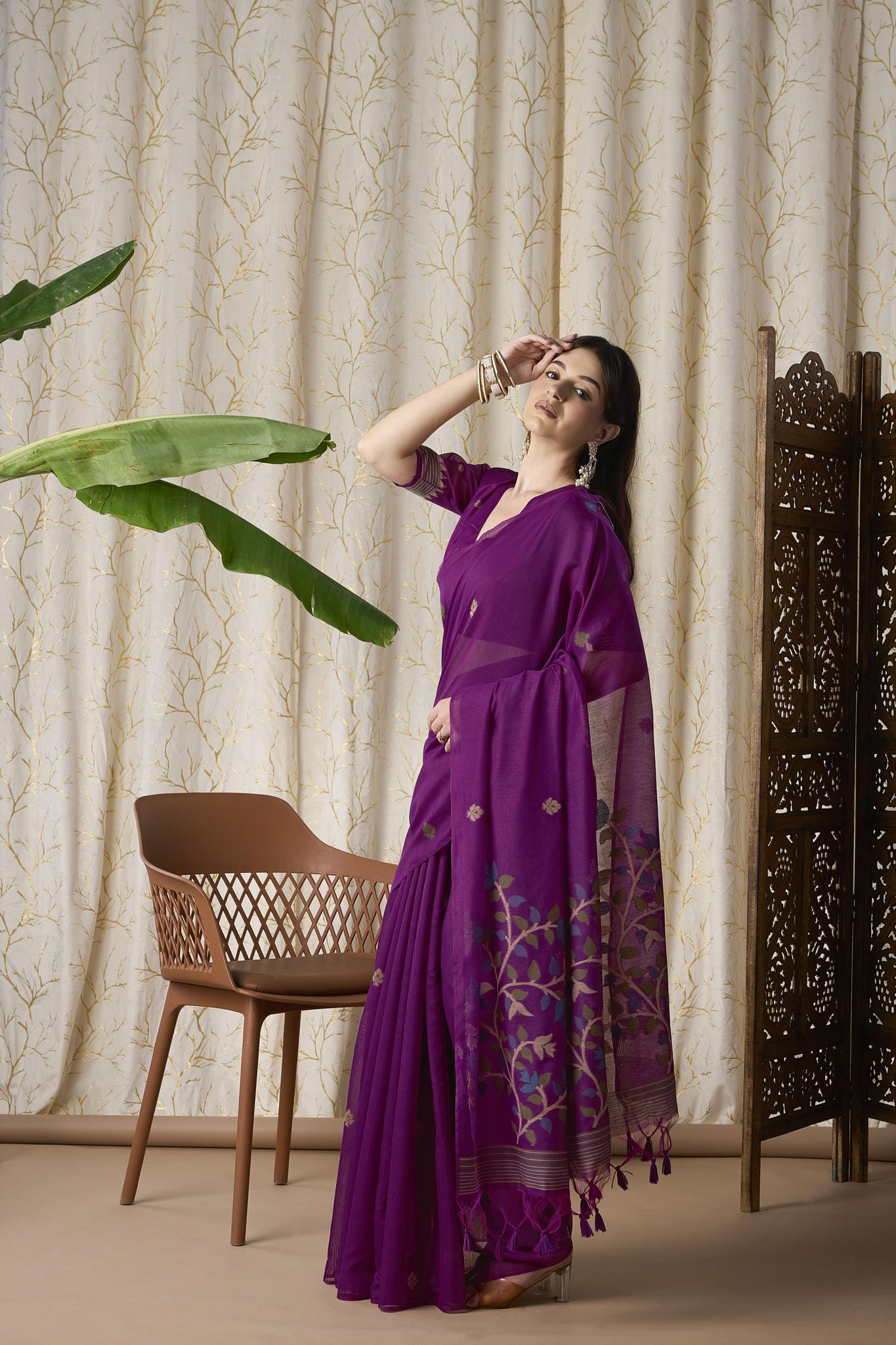 Rani Pink Muga-Cotton Jamdani Saree with Woven Floral Motifs