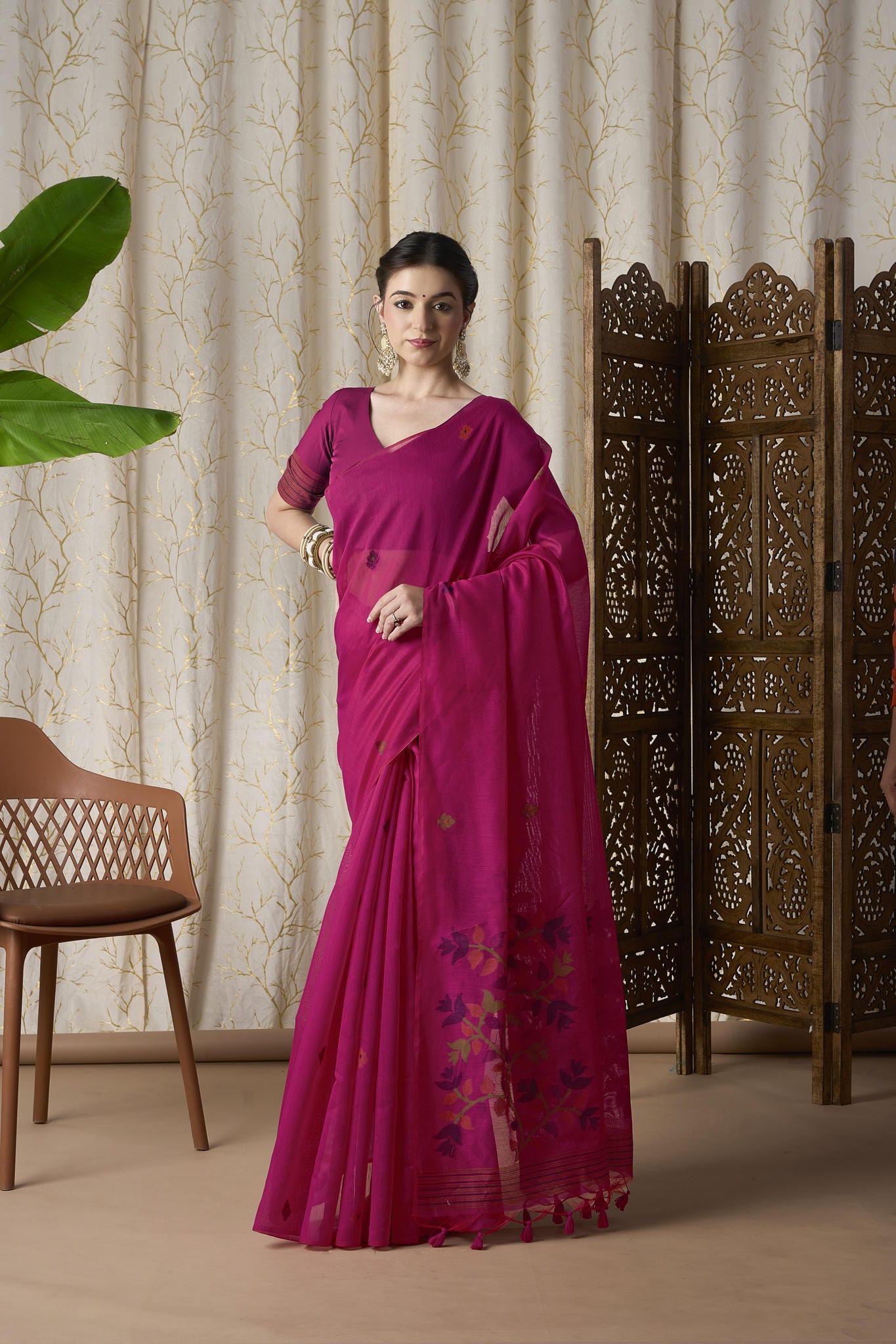 Rani Pink Linen-Cotton Jamdani Saree with Woven Floral Motifs