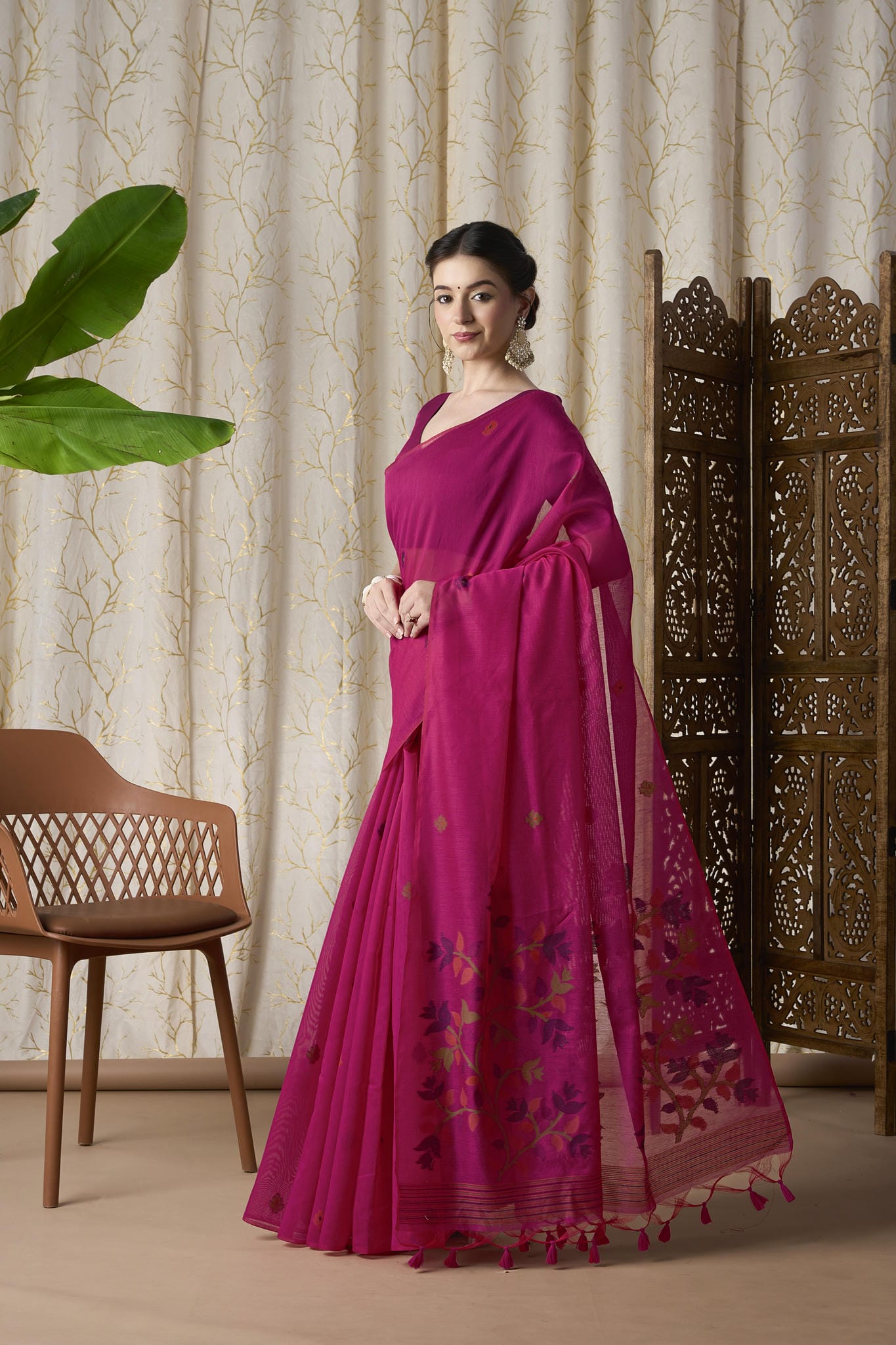Rani Pink Linen-Cotton Jamdani Saree with Woven Floral Motifs