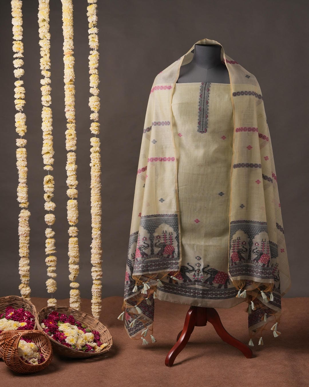 Sand Beige and Charcoal Grey Muga Cotton Unstitched Suit Set