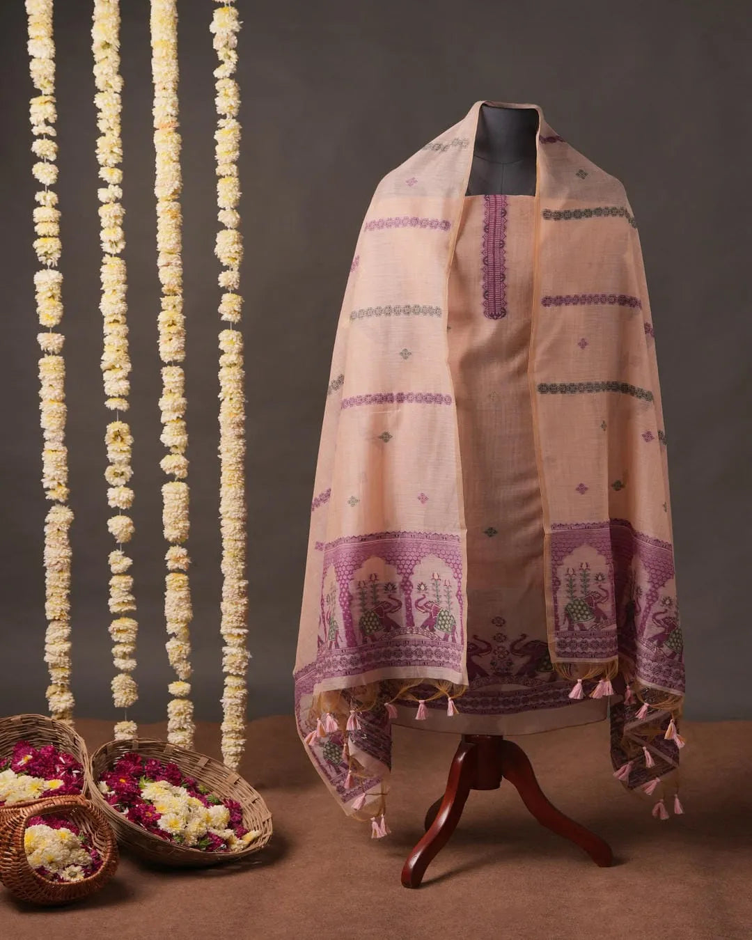 Light Peach Muga Cotton Unstitched Suit Material with Elephant Motif Dupatta