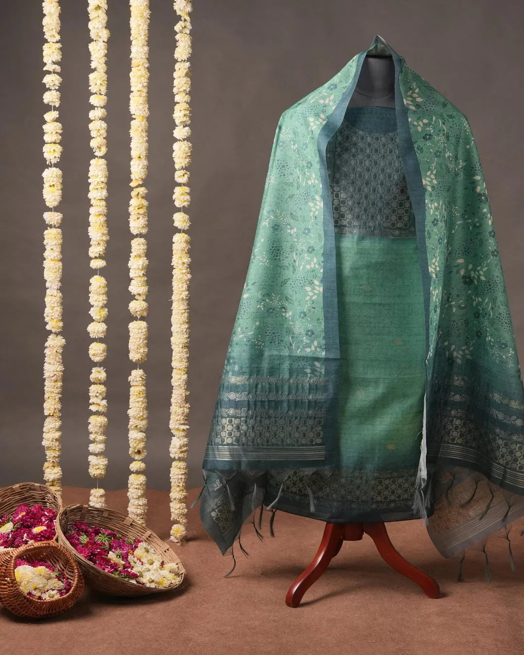Burnt Orange Floral Semi Tussar Silk Unstitched Suit with Zari Borders