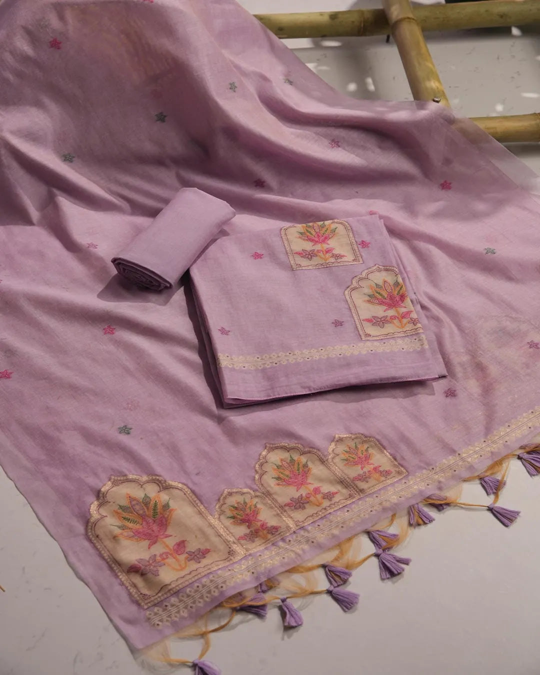 Pink Lotus Arch Muga Cotton Unstitched Suit Material with Printed Dupatta